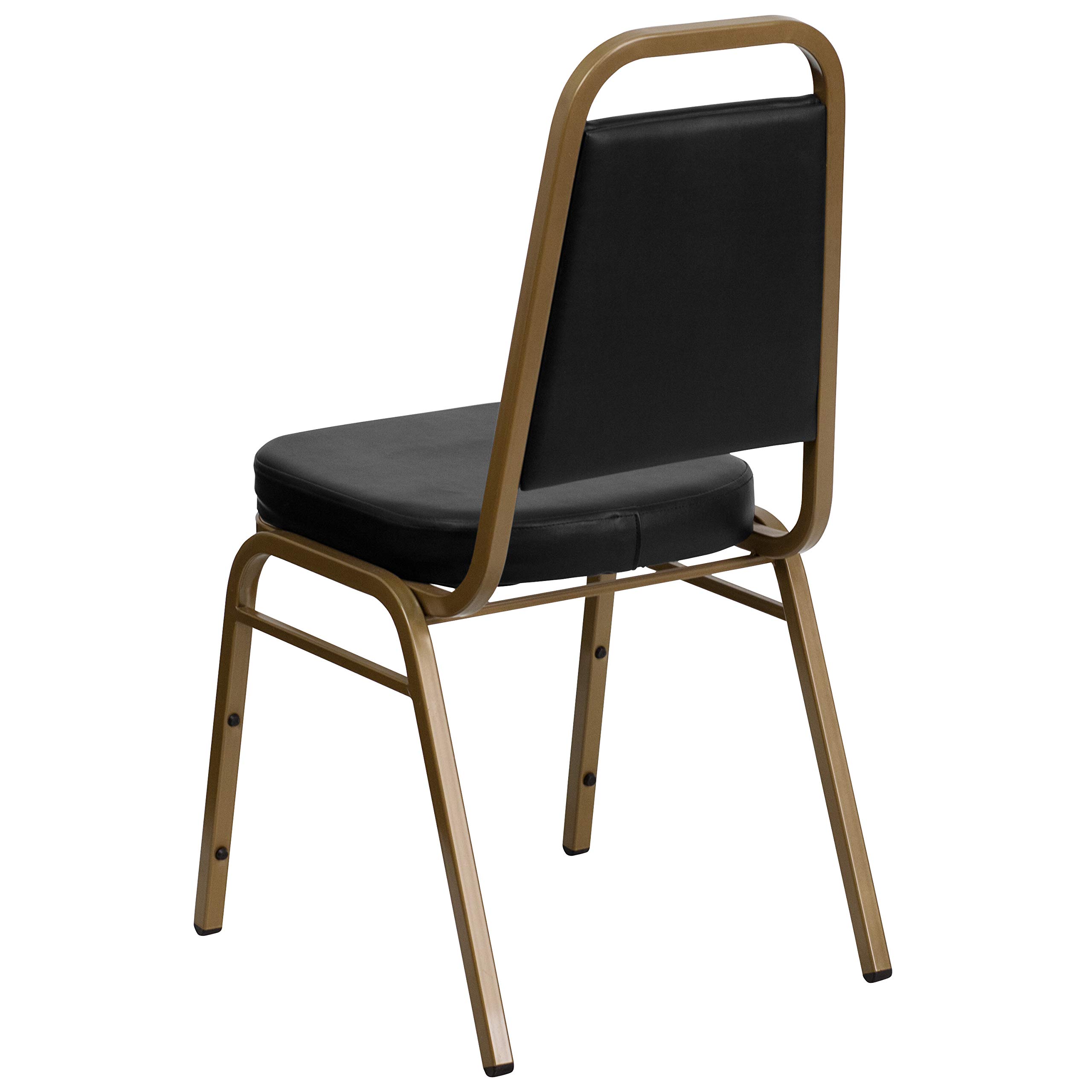 4 Pack Black Vinyl Trapezoidal Stacking Banquet Chairs with Gold Frame - Perfect for Weddings, Events, and Conference Room Seating