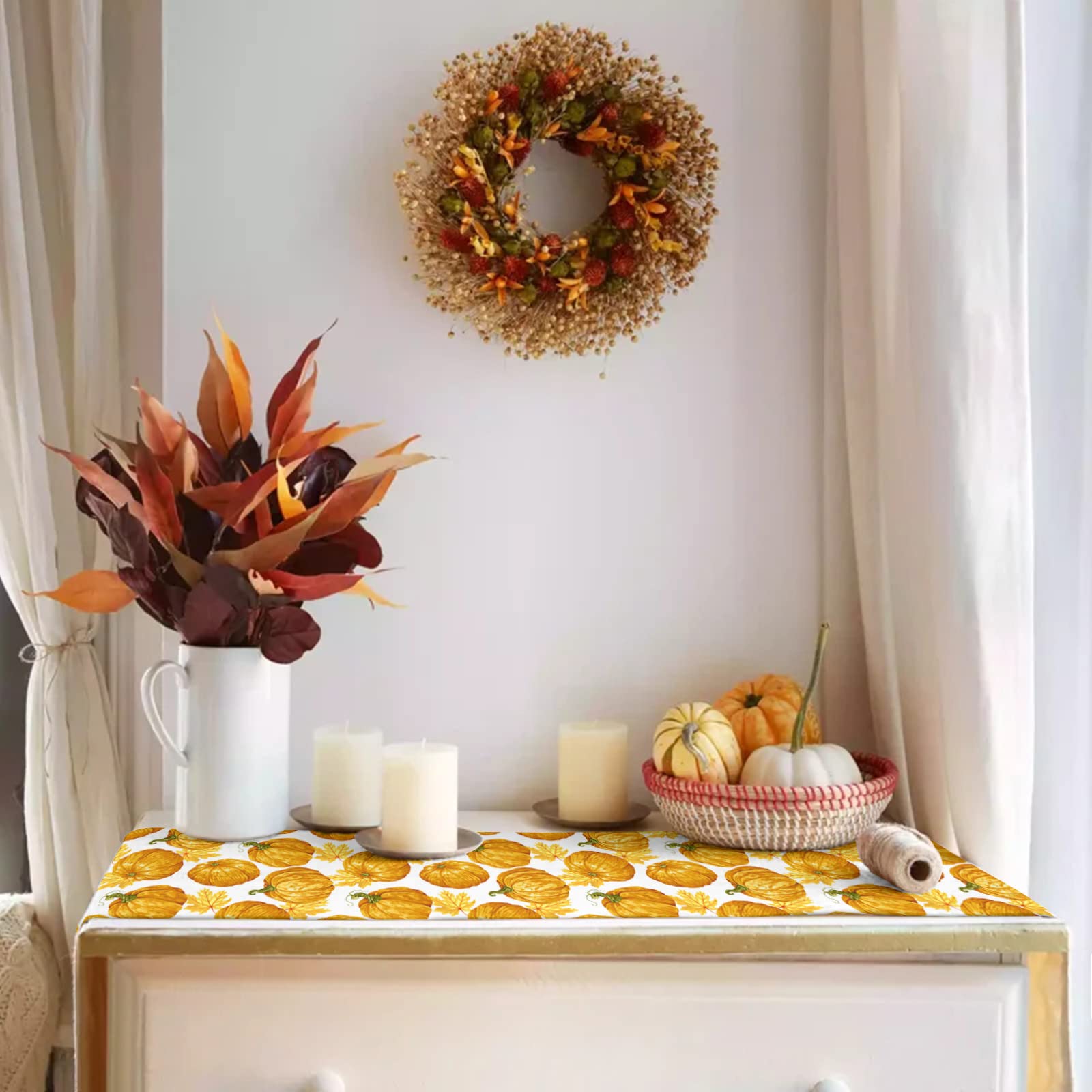 Autumn Thanksgiving Table Runner - 13x120 Inch Non-Slip Washable Pumpkin Maple Leaf Design for Farmhouse, Kitchen, Dining & Coffee Table Decor | Perfect for Holiday Dinners, Parties & Seasonal Home Decor
