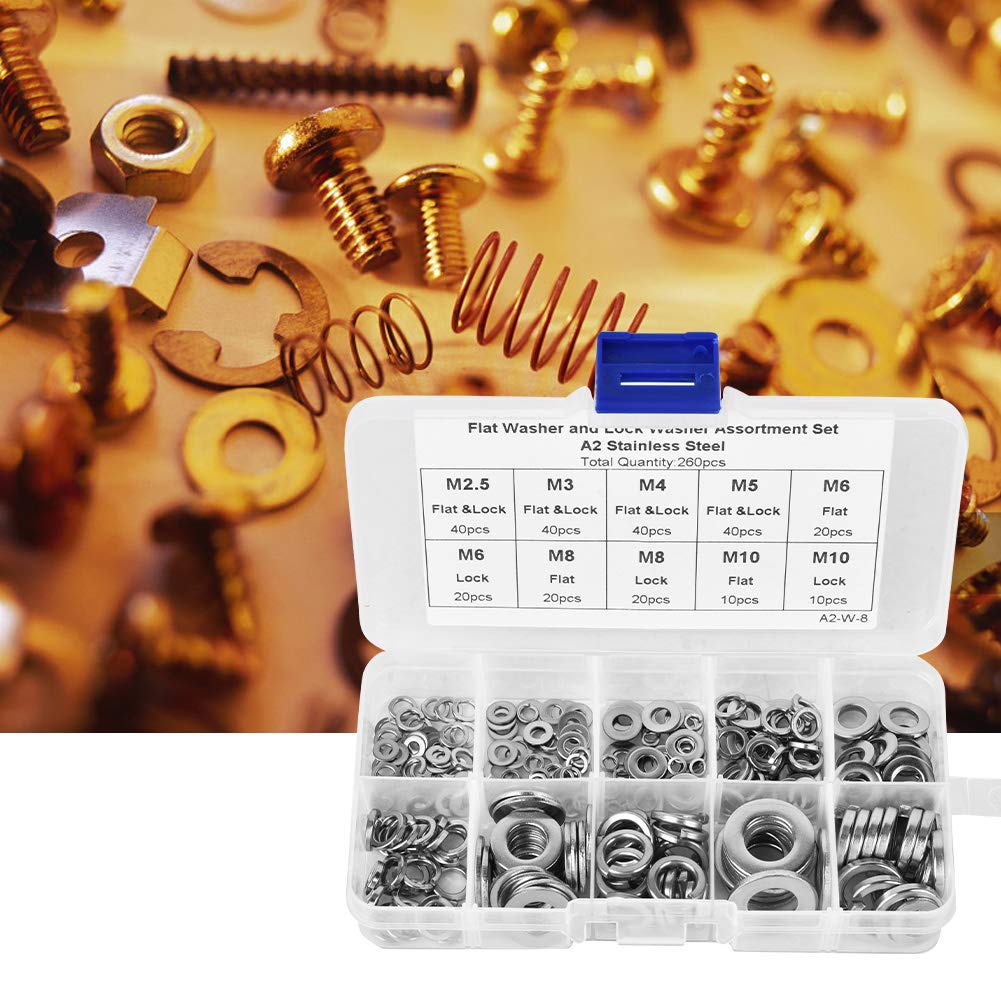 7 Sizes Flat & Spring Washer Set - Stainless Steel Fasteners for Industrial, Home, Automotive & Construction Use - Perfect for Machinery Assembly, Plumbing Fixtures and DIY Projects