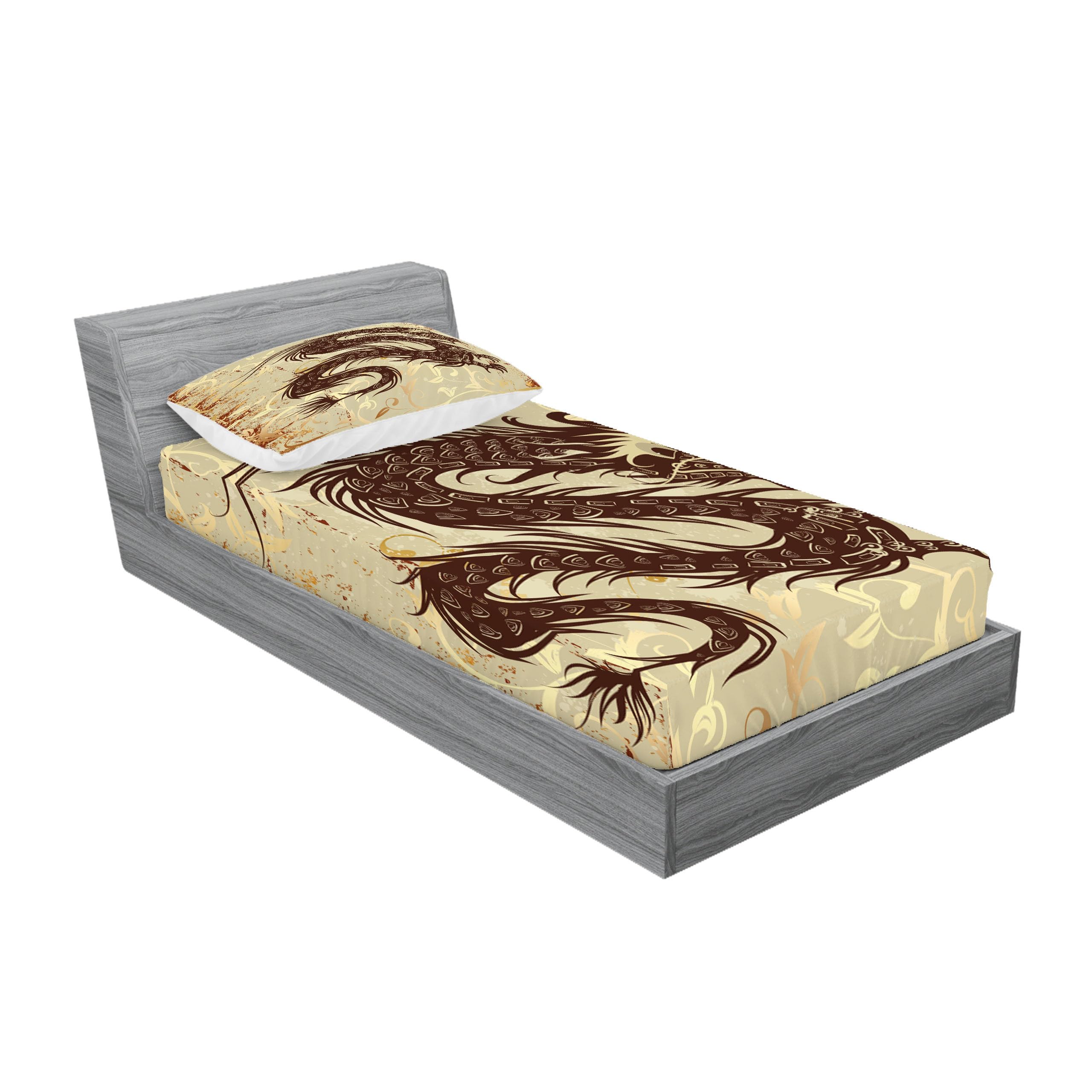 Ambesonne Japanese Dragon Fitted Sheet & Pillow Sham Set - Antique Asian Inspired 2-Piece Bedding Decor in Brown Yellow Beige, Twin Size | Perfect for Themed Bedrooms, Anime Lovers & Asian Culture Enthusiasts