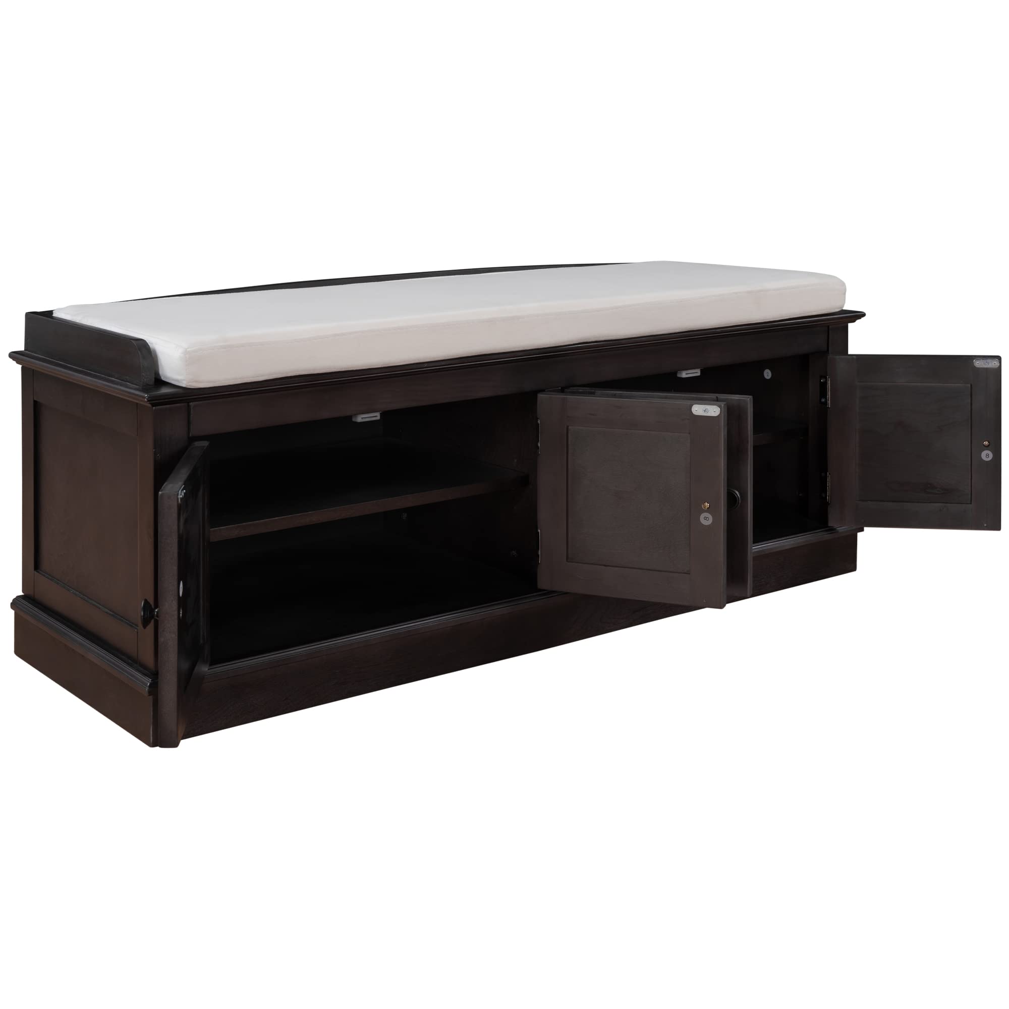 Upholstered Storage Bench with 4 Doors & Removable Cushion - Wooden Shoe Bench with Adjustable Shelves for Entryway, Living Room - Espresso Finish - Perfect for Organizing Shoes, Blankets & Home Decor