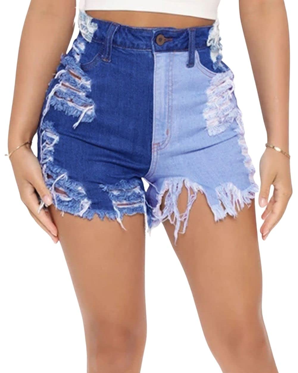 CHARTOU Women's Distressed Denim Shorts - Ripped Frayed Patchwork High Waisted Booty Shorts for Casual Wear & Summer Outfits