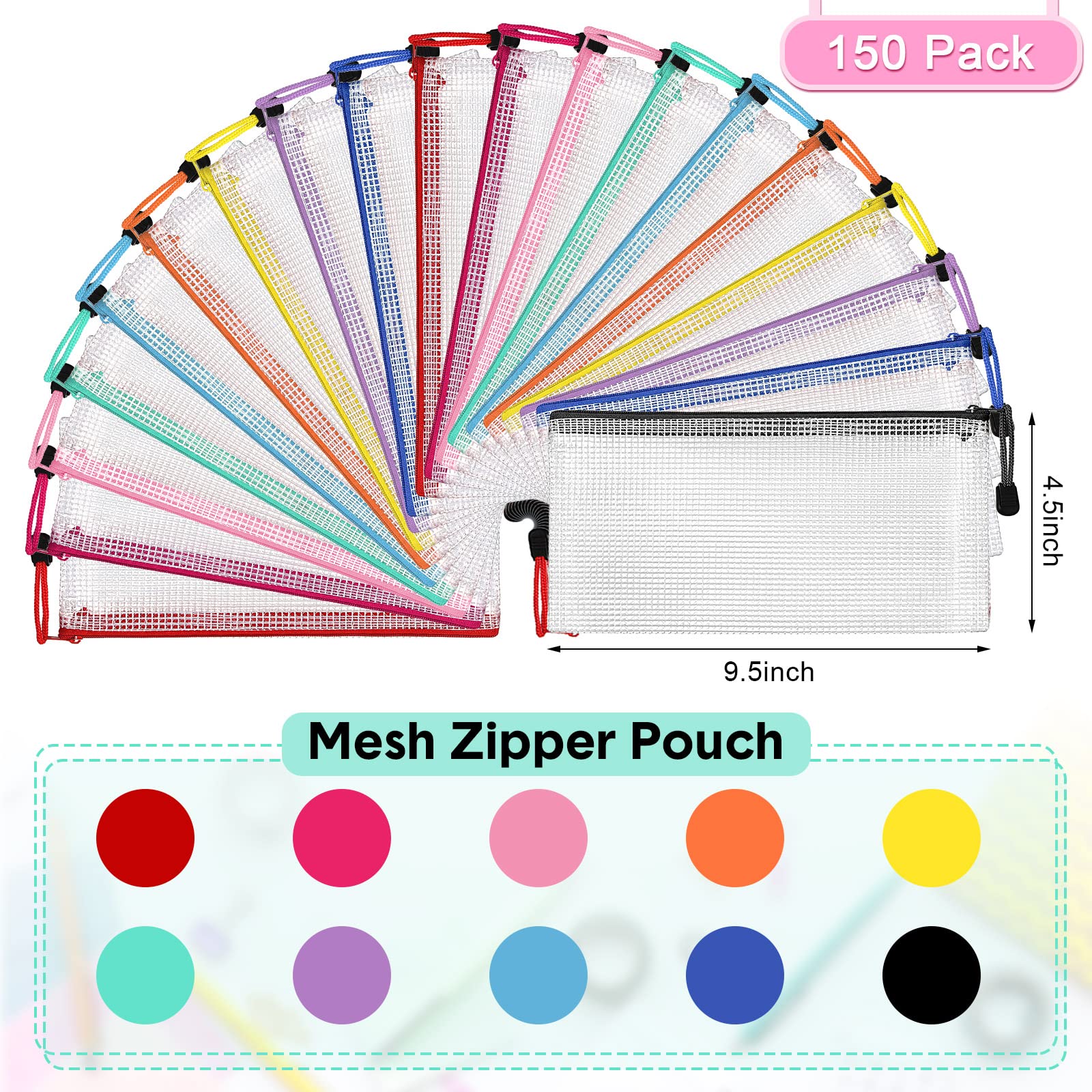 150 Pack Mesh Zipper Pencil Cases - 9.5 x 4.5 Inch Clear Pencil Pouches Bulk for School Supplies, Office, Travel & Cosmetics Storage - Durable Multipurpose Organizer for Stationery, Toiletries & Small Essentials