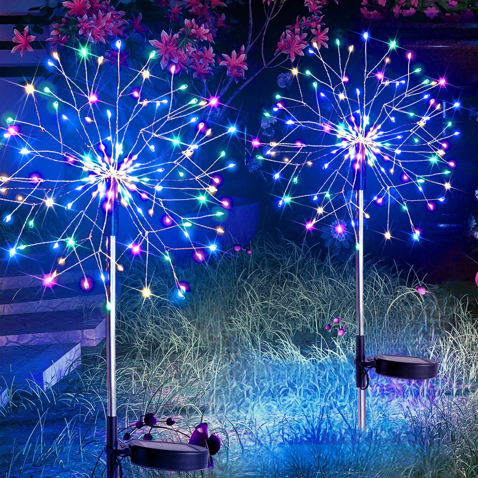 Suddus 2-Pack Solar Garden Lights Outdoor Waterproof - 150LED Firework Fairy Lights with 8 Modes, Multicolor Solar Powered Decorative Lighting for Yard, Patio, Pathway, Flowerbed - Perfect for Party, Wedding, Landscape & Holiday Decorations