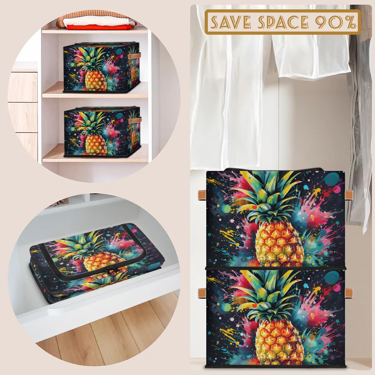 2 Pack Graffiti Pineapple Storage Bins with Zipper Lids & Sturdy Handles - Organize Clothes, Toys & Home Essentials - Perfect for Bedroom, Closet & Kids Room Organization