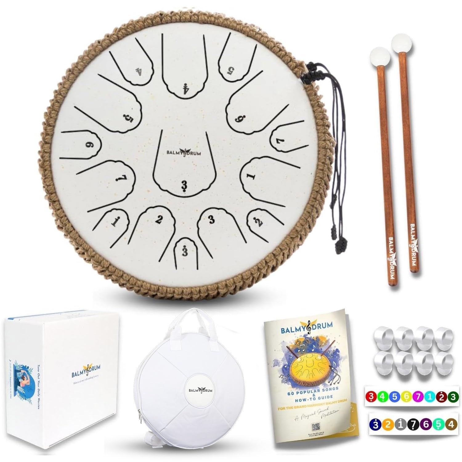 15-Note 14-Inch Steel Tongue Drum - Professional Handpan Instrument for Kids & Adults with Music Book, Mallets & Carry Bag | Perfect for Meditation, Music Therapy, Yoga & Family Entertainment (White)