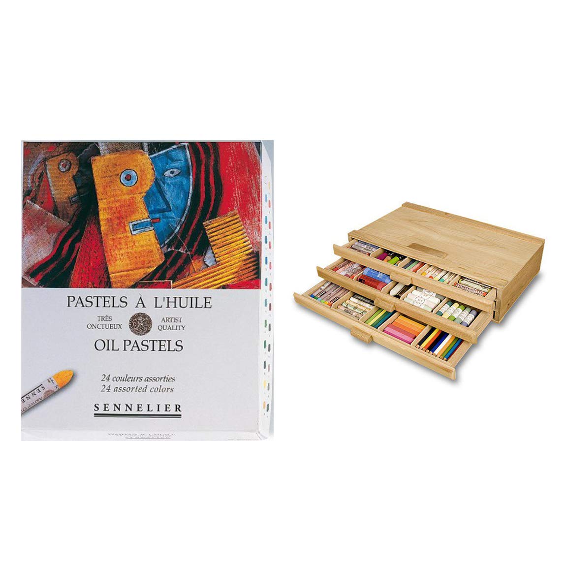 Sennelier Artist 24-Piece Oil Pastel Set with 3-Drawer Wooden Storage Box - Vibrant Assorted Colors for Professional Artists & Students | Perfect for Sketching, Painting & Mixed Media Art Projects