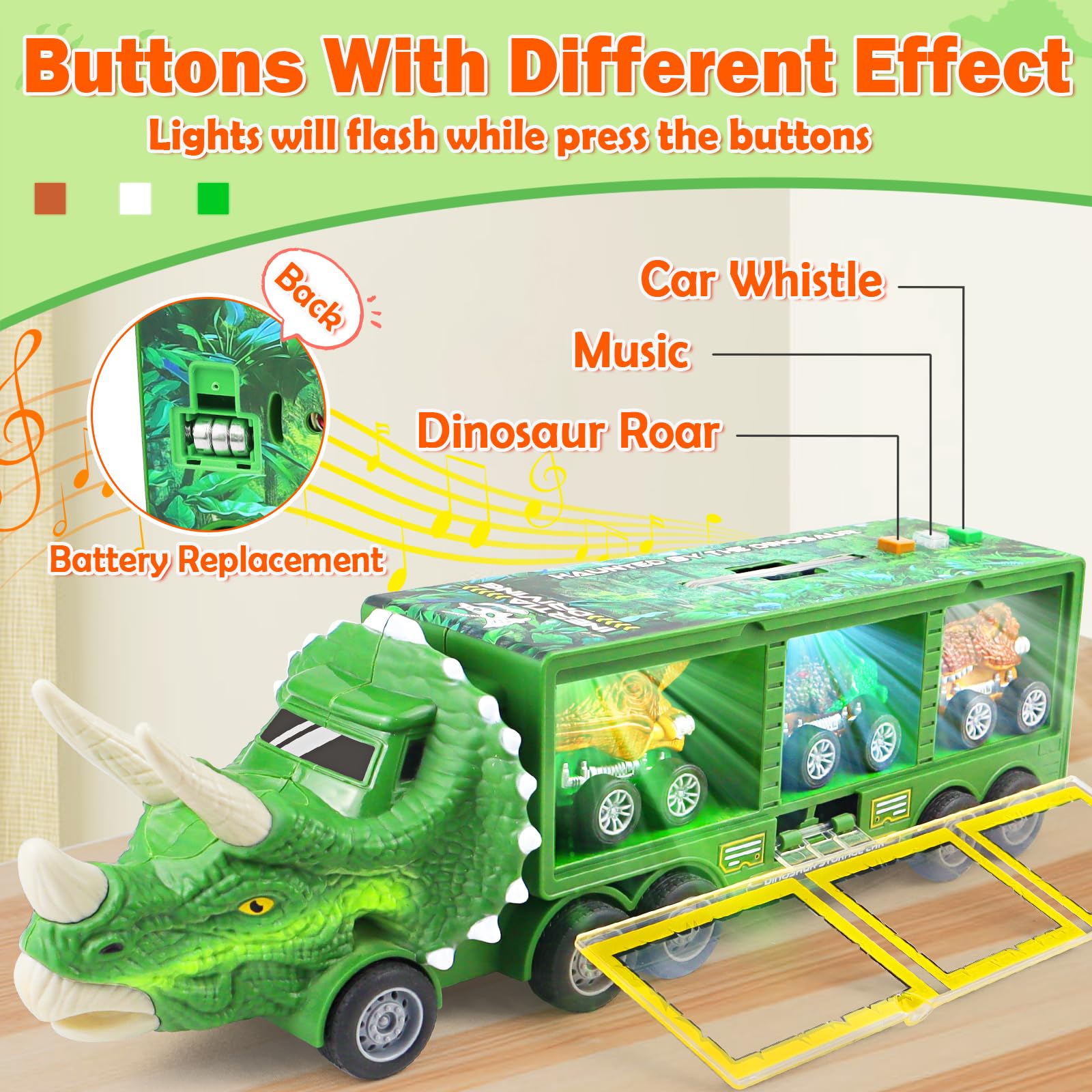 11-in-1 Dinosaur Truck Toy Set with Lights, Music & Roar Sounds - Interactive Dino Playset Includes Toy Truck, Mini Figures & Slide - STEM Learning Toys for Kids Ages 3-7 - Perfect for Birthday Gifts, Pretend Play & Early Childhood Education