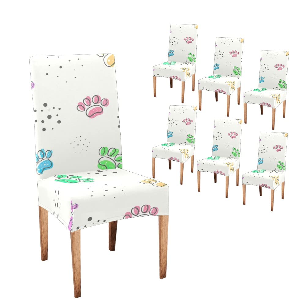 CUXWEOT Stretchable Washable Dining Chair Covers - Set of 6, Colorful Cute Paws Design, Removable Slipcovers for Kitchen & Dining Room Chairs | Perfect for Home Decor, Parties, and Pet-Friendly Spaces