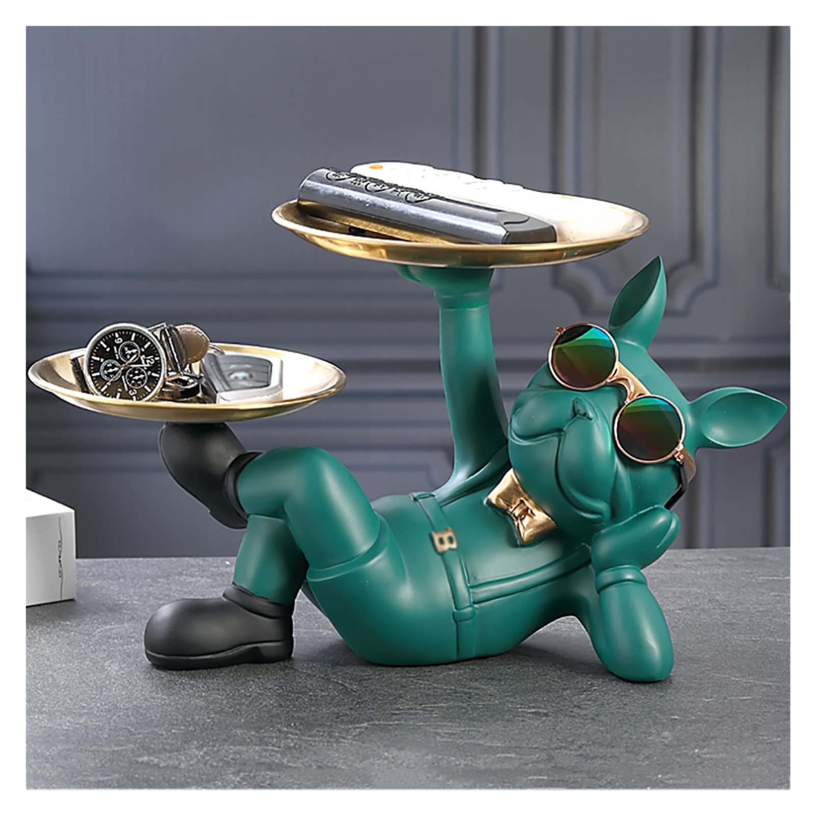 Resin Bulldog Sculpture Decorative Figurine with Storage Tray - Candy Dish, Jewelry Holder & Earrings Organizer - Green Desktop Decor for Home, Office, or Gift - Perfect for Organizing Small Items & Adding Playful Style
