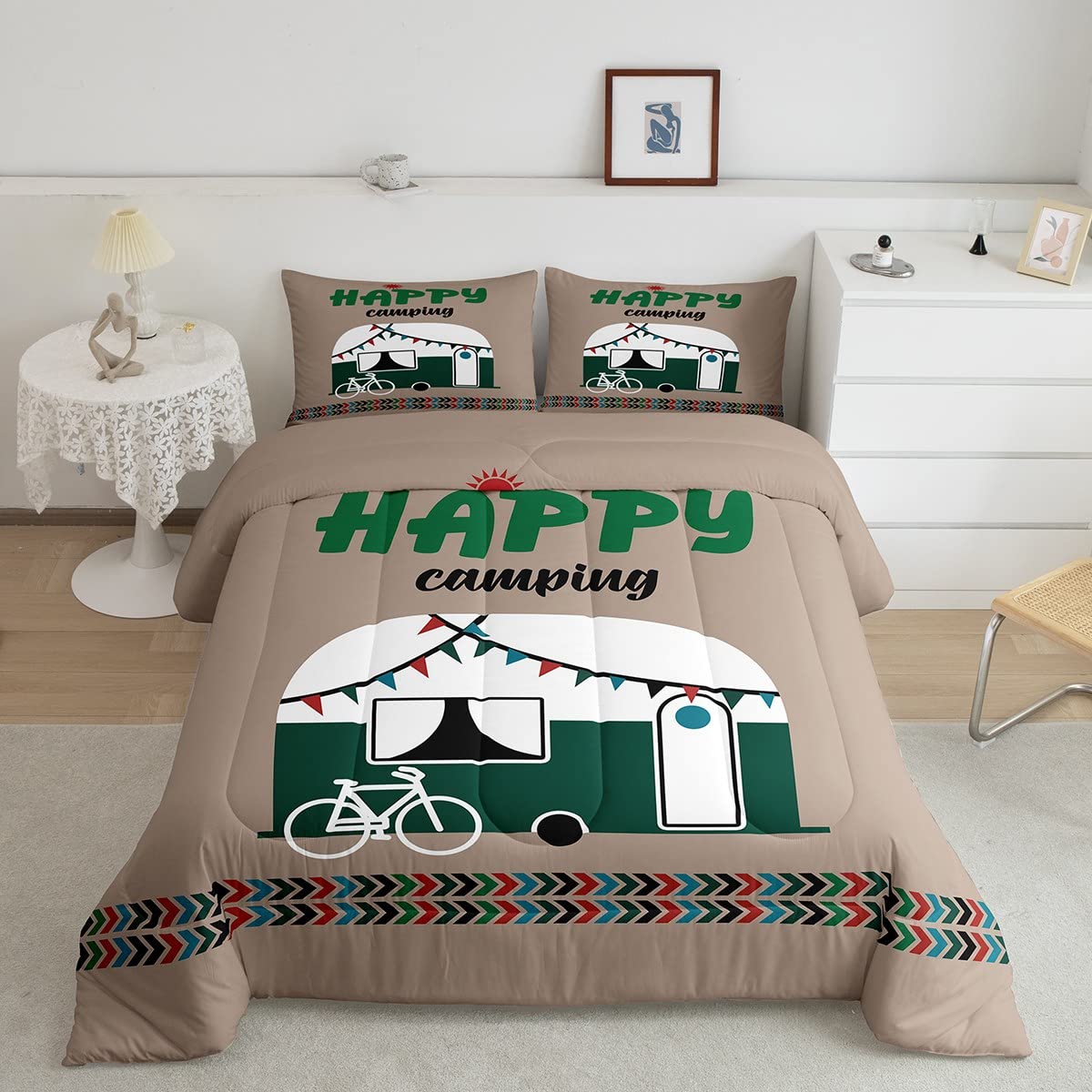 Full Size Camper Bedding Set - Rustic Farmhouse Camping Comforter with Geometric Aztec Stripes & 2 Pillow Cases | Down Alternative Quilted Bedding for RV, Cabin & Outdoor Adventures