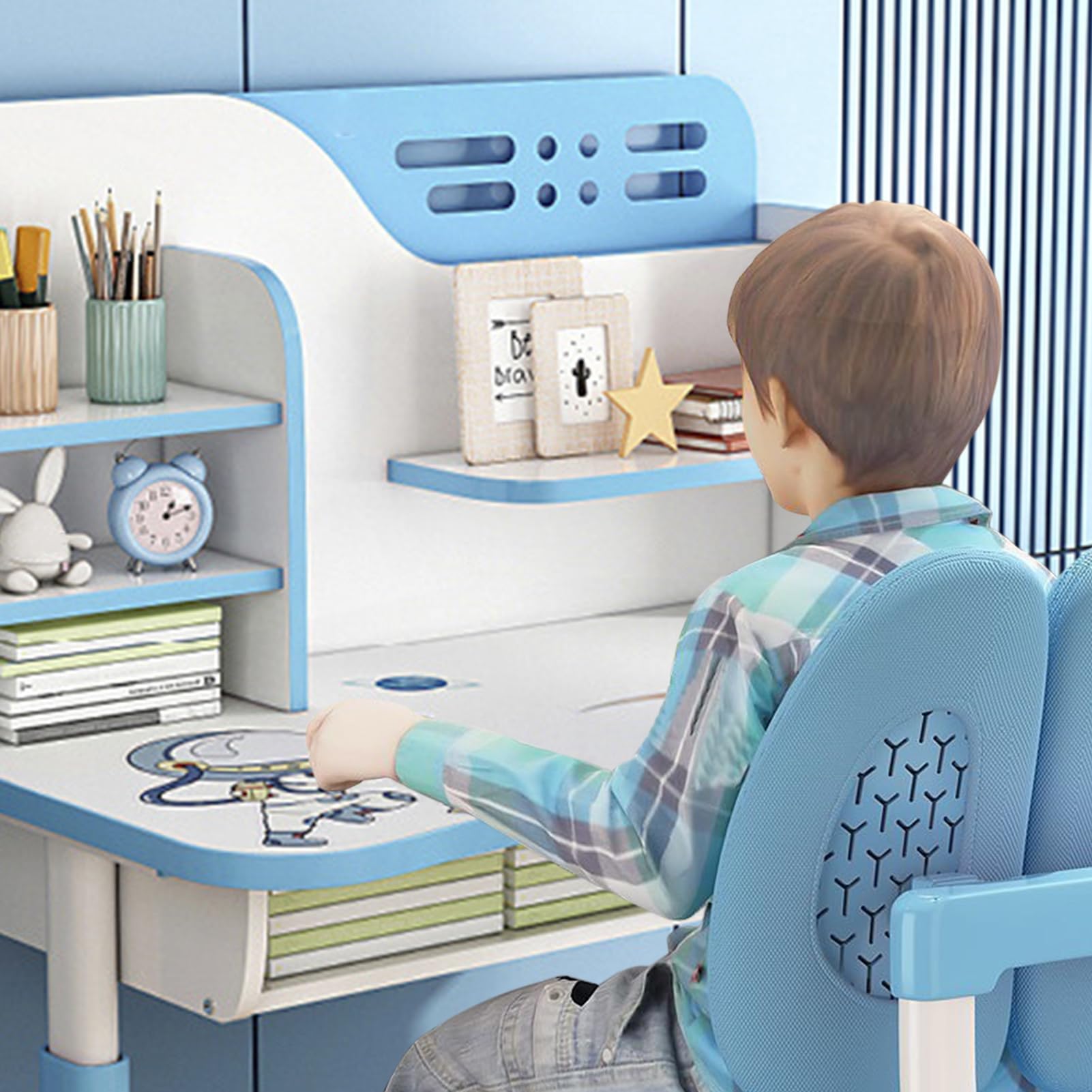 Ergonomic Adjustable Kids Study Desk and Chair Set with Storage Drawer - Blue Children's Learning Furniture for Boys & Girls - Perfect for Homeschooling, Online Classes & Bedroom Study Spaces