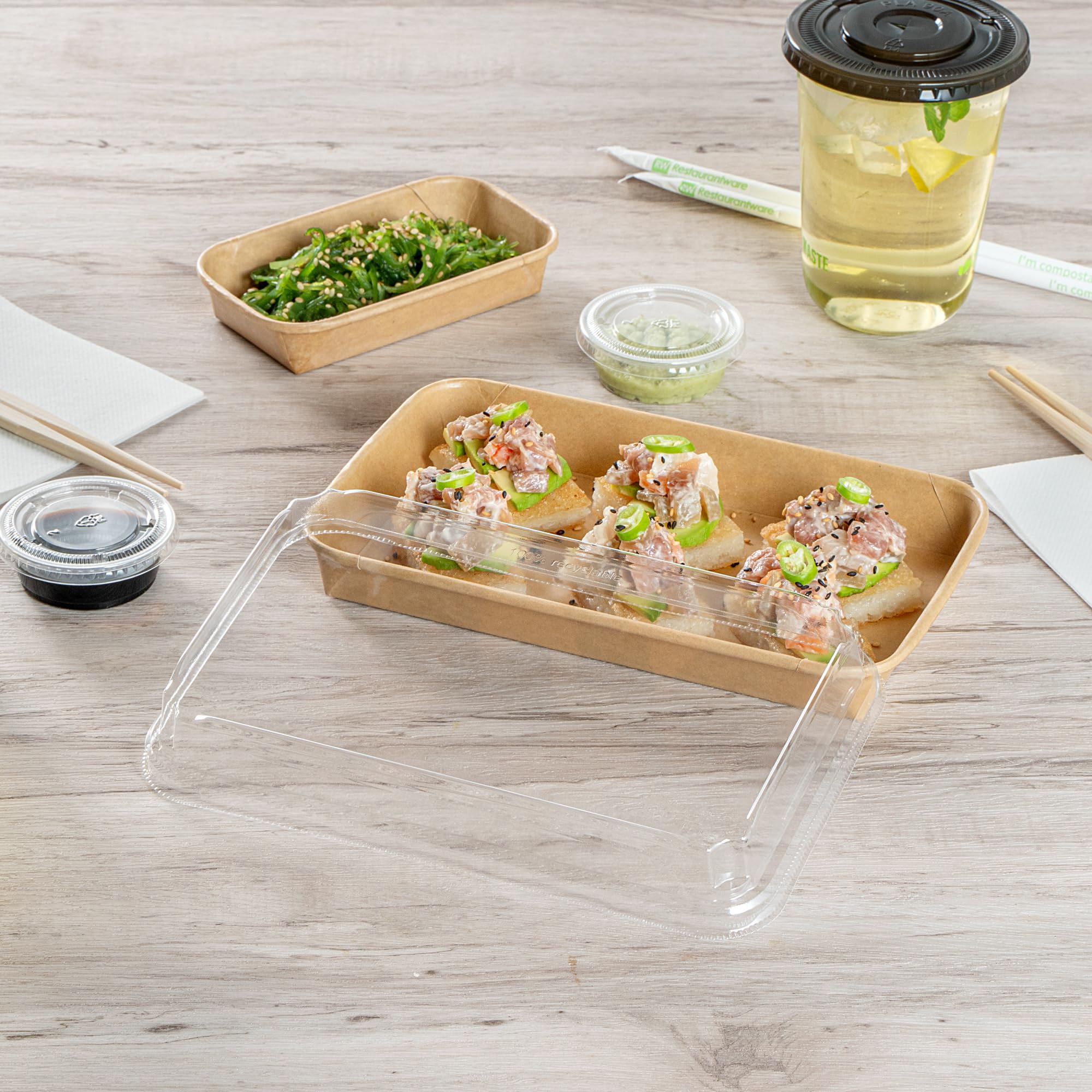 Matsuri Vision 8.8 x 5.5 x 1.2 Inch Clear Plastic Dome Lids for Sushi Containers - 50 Pack Airtight No-Fog Lids (Containers Sold Separately) - Perfect for Sushi Restaurants, Catering & Takeout Boxes