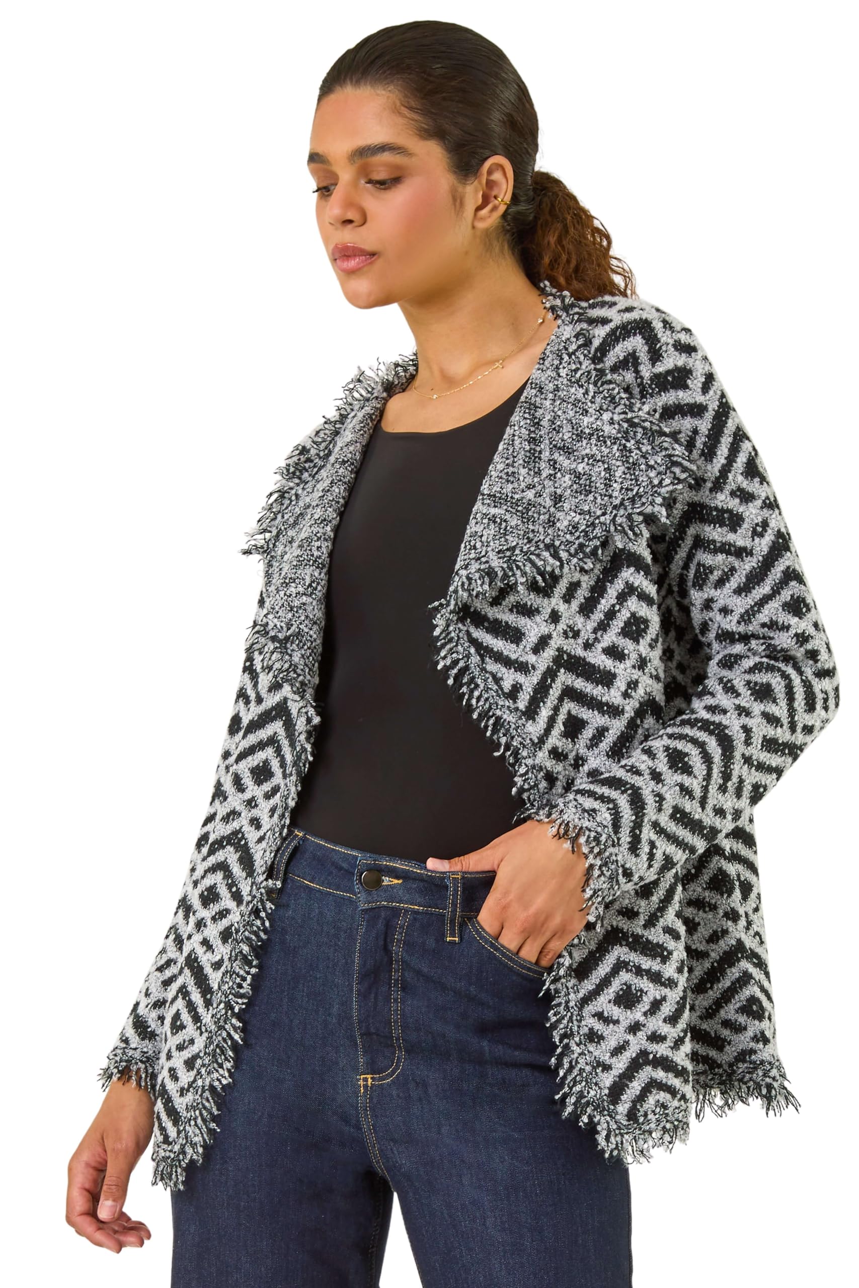 Roman Originals Women's Contrast Fringed Boucle Cardigan - Stylish Shawl Collar Knitwear for Autumn & Winter | Cozy Everyday Wear & Holiday Outfits | Perfect for Office, Dates & Casual Occasions
