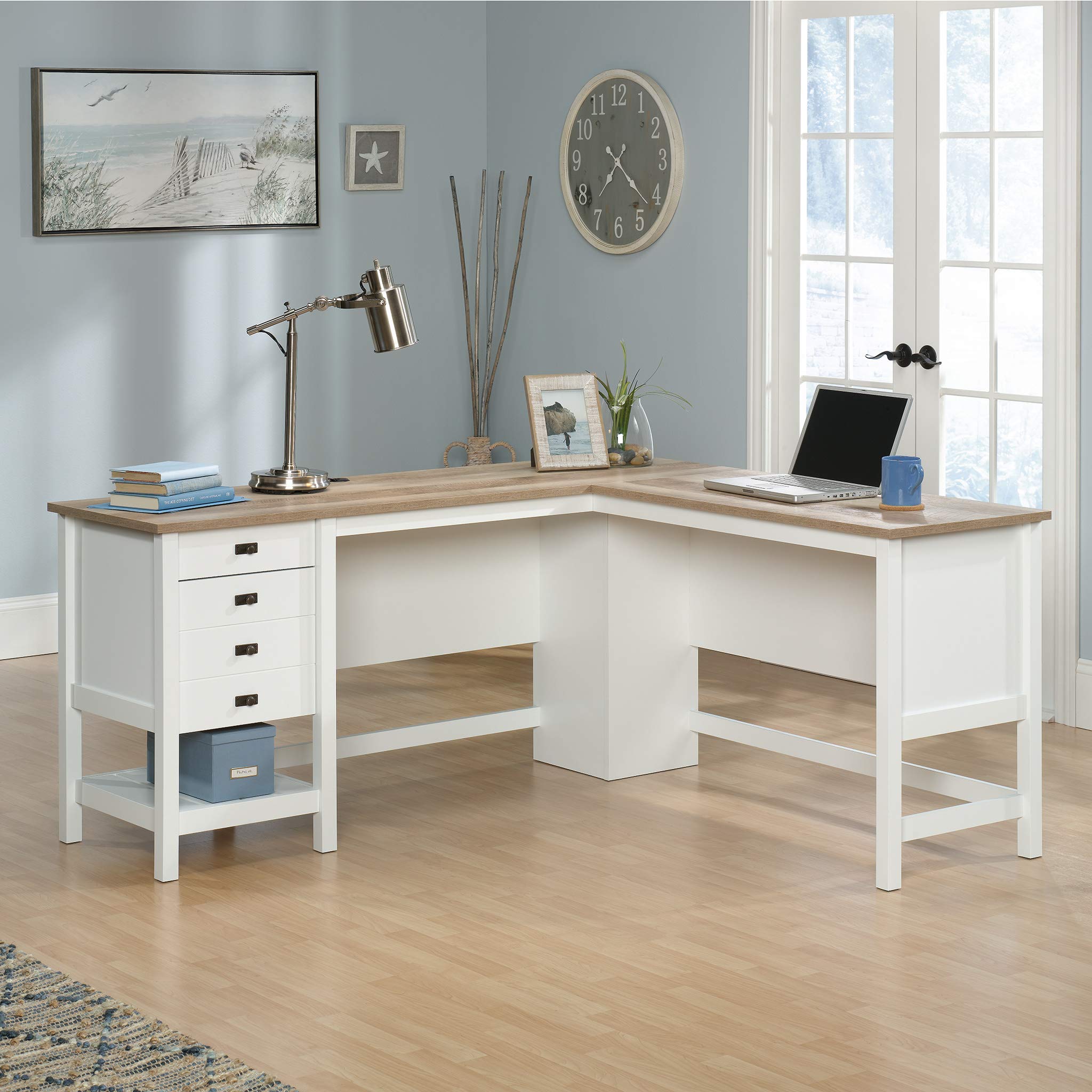 Sauder Cottage Road L-Shaped Computer Desk with Drawers & File Cabinet - Home Office Desk with Cable Management in Soft White Finish - Perfect for Small Spaces & Remote Work Setup