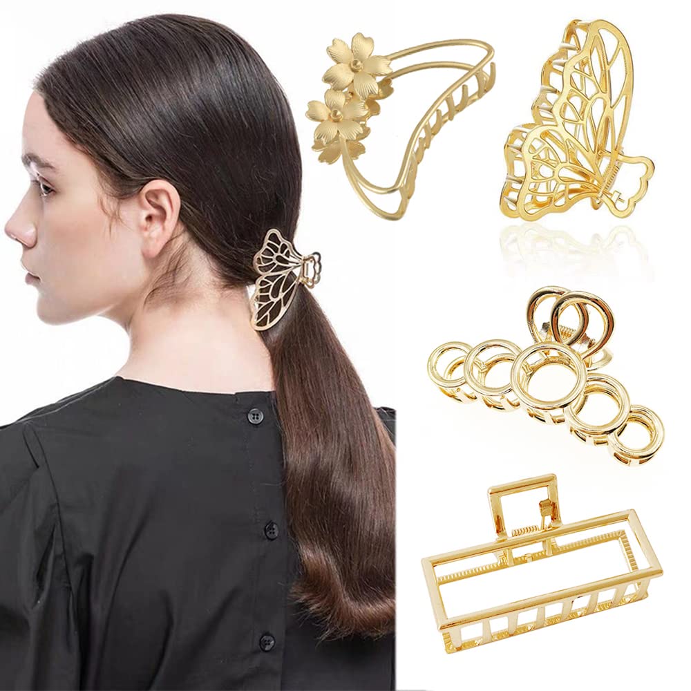 **4PCS Gold Metal Claw Hair Clips - Non-Slip Butterfly Flower Barrettes for Women & Girls | Perfect for Updos, Ponytails & Everyday Hairstyles**
