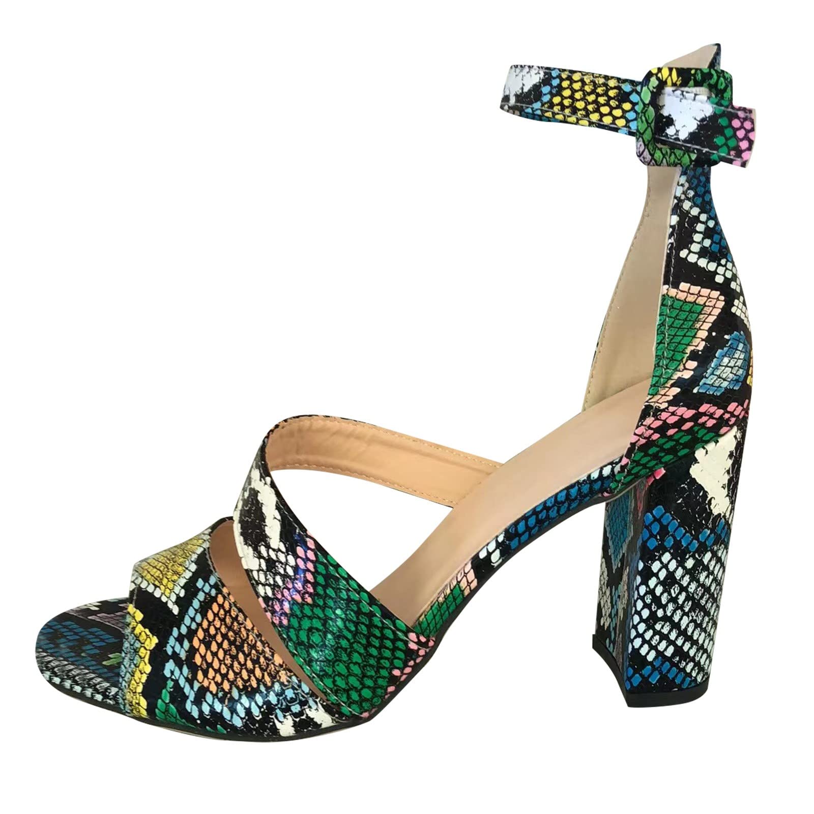 Women's High Heeled Sandals - Ankle Strap Buckle Lace-up Slides with Snake Print & Square Heel - Suede Pointy Toe Pumps for Party, Wedding & Evening Events