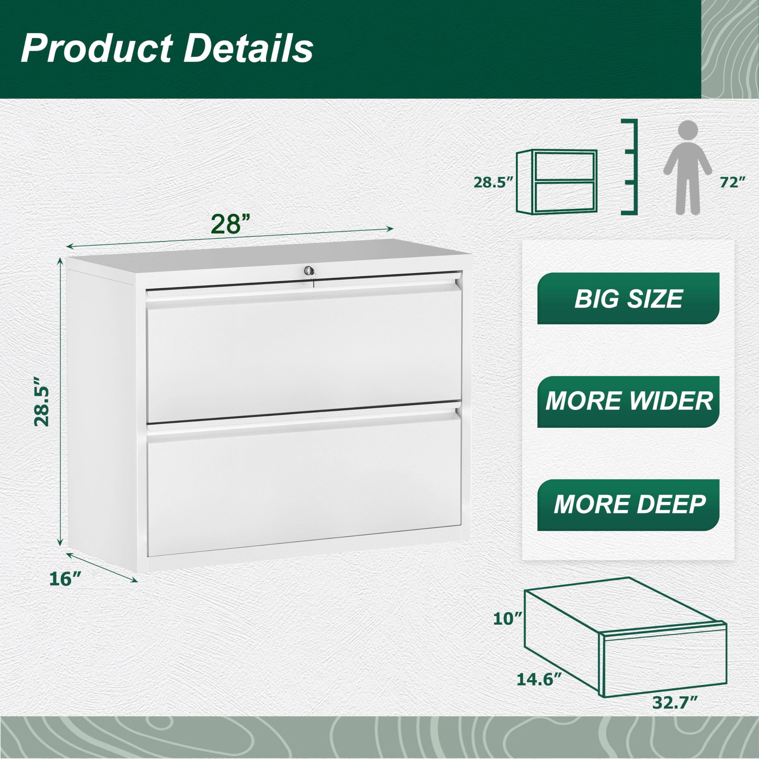 Superday 2-Drawer Metal Lateral File Cabinet with Lock - White Locking Filing Cabinet for Letter/A4 Legal Size Documents - Perfect for Home Office, School, or Business Storage Organization