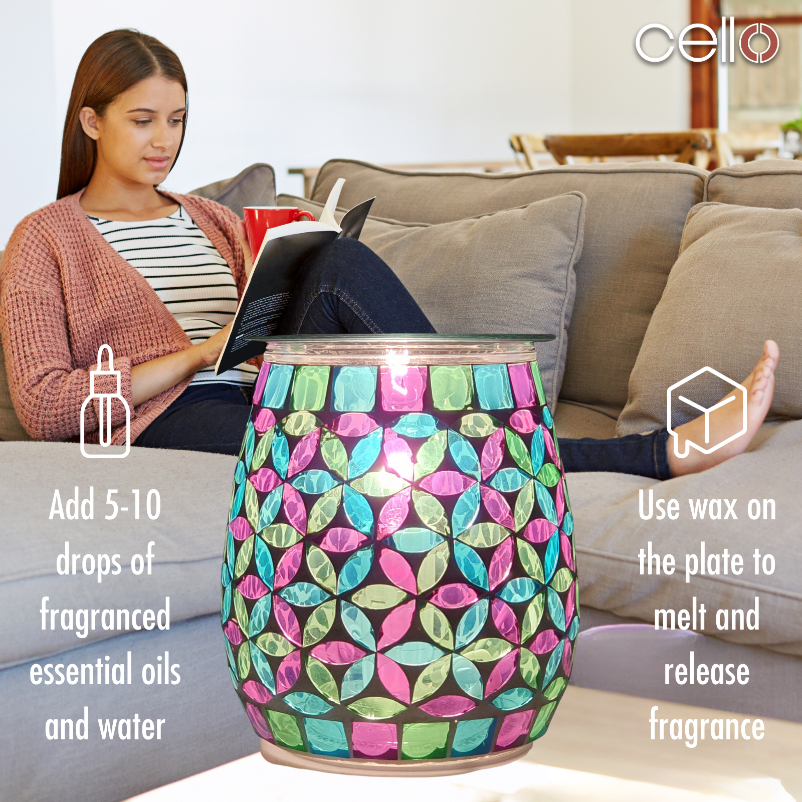Electric Wax Warmer with Mosaic Glass Design - Geometric Candle Melter for Home Aromatherapy & Relaxation | Perfect for Living Room, Bedroom, Spa & Office Decor