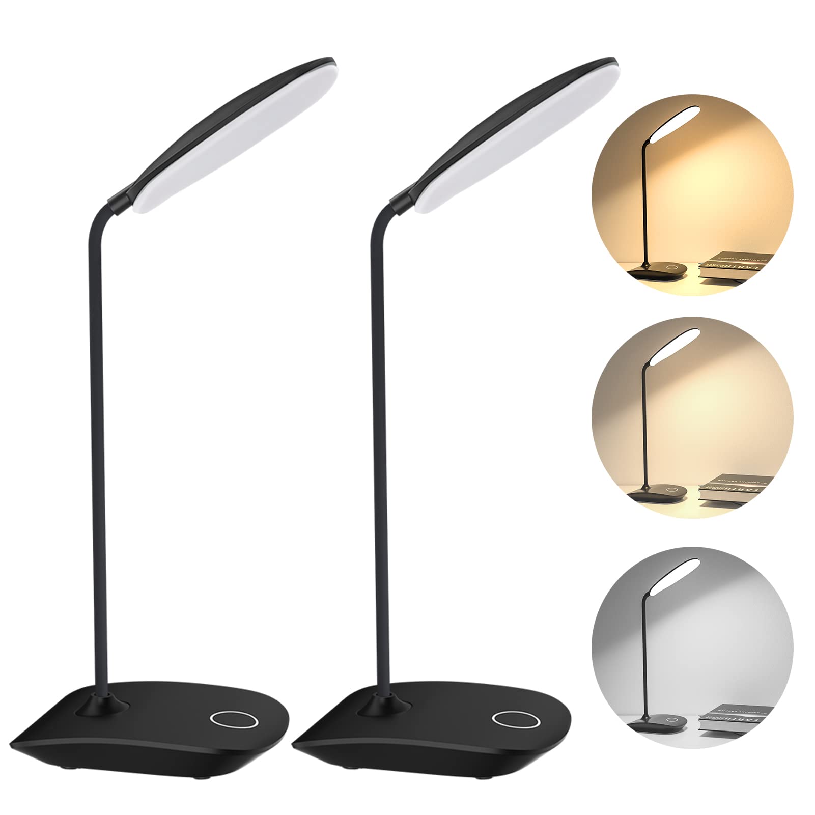 DEEPLITE Battery Operated LED Desk Lamp - 3 Stepless Dimming Modes, 5W Touch Control Eye-Caring Light with Flexible Gooseneck, Portable Reading Light for Study, Office, Dorm & Bedroom (Set of 2) - Perfect for Night Reading, Home Office Work and College Student Study Sessions