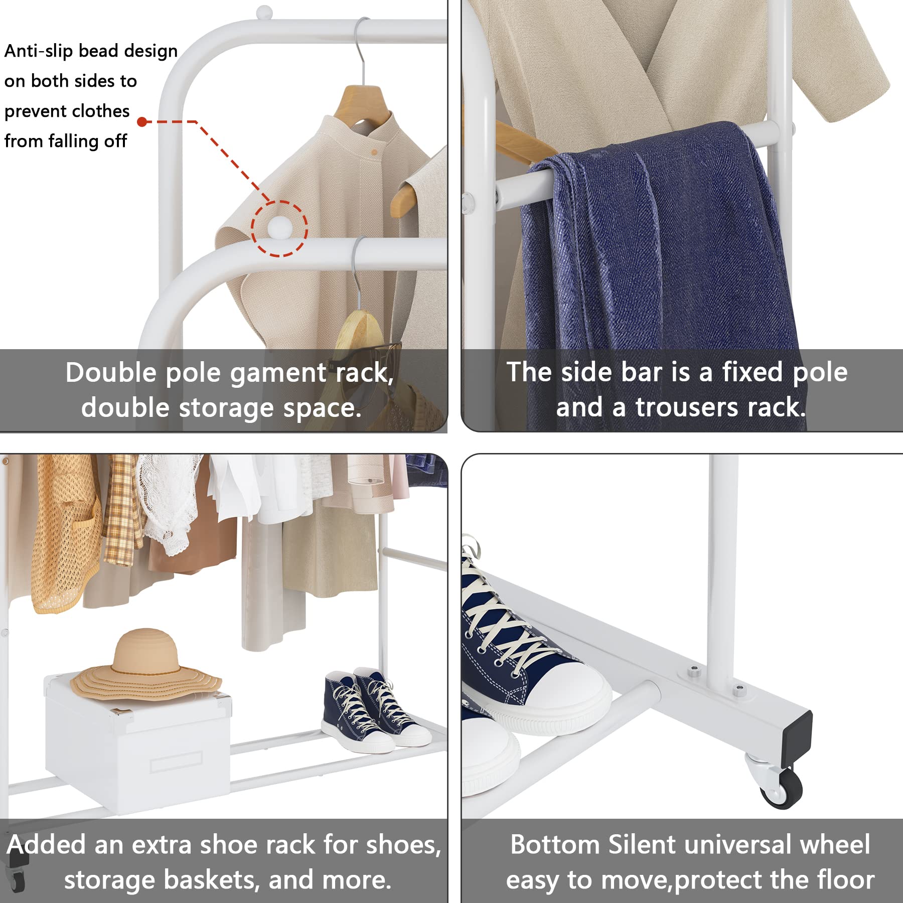 Laiensia Double Rod Rolling Garment Rack with Wheels - Heavy Duty Clothes Hanging Organizer for Bedroom, Closet & Laundry Room - Multi-Functional Freestanding Clothing Rack in White - Perfect for Drying Clothes, Organizing Wardrobe & Temporary Storage