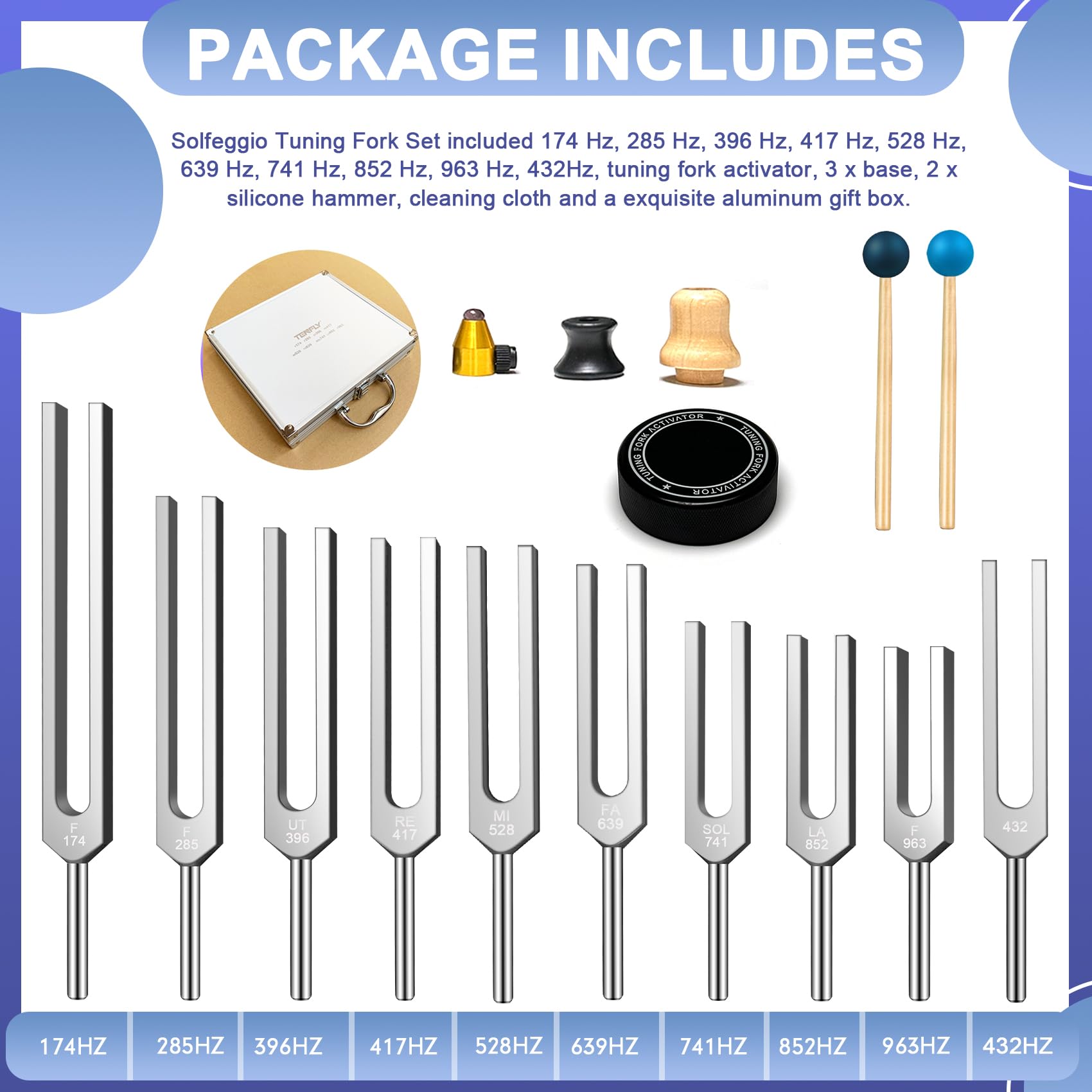 Solfeggio Tuning Fork Set - 10 Pack Silver Tuning Forks for Body Relaxation, Yoga Meditation, Sound Therapy, Stress Relief, Chakra Healing, Sound Bath | Perfect for Energy Healing, Spiritual Practices & Holistic Wellness Sessions