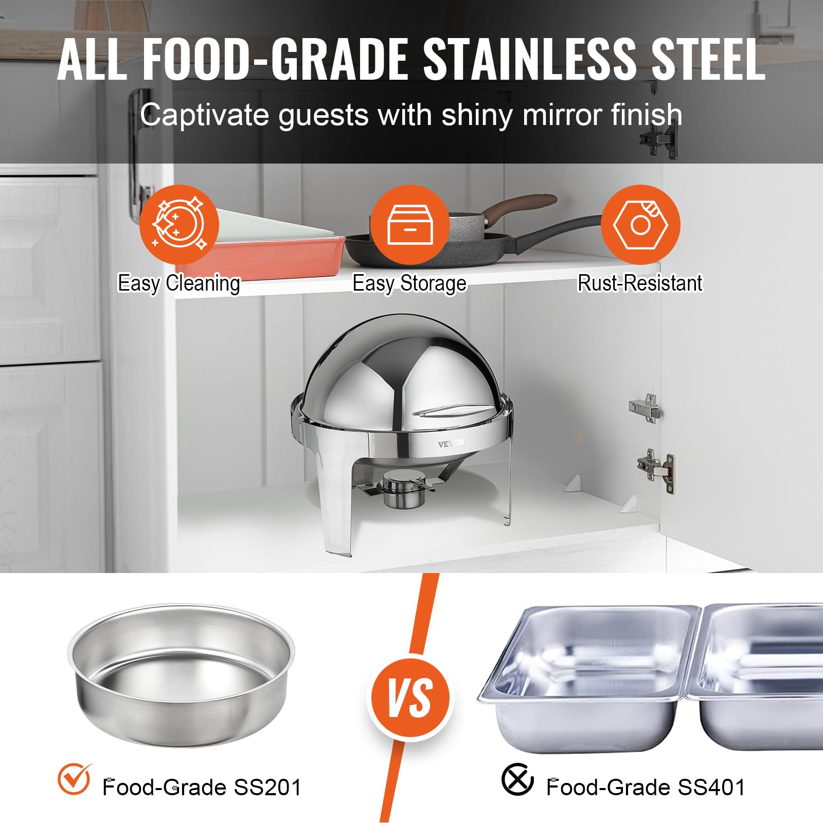 VEVOR 6 Qt Stainless Steel Roll Top Chafing Dish Buffet Set (2 Pack) - Includes 2 Full Size Pans, Lids, Water Pan Stand & Fuel Holder - Perfect for Catering, Buffets, Parties & Serving 5+ People