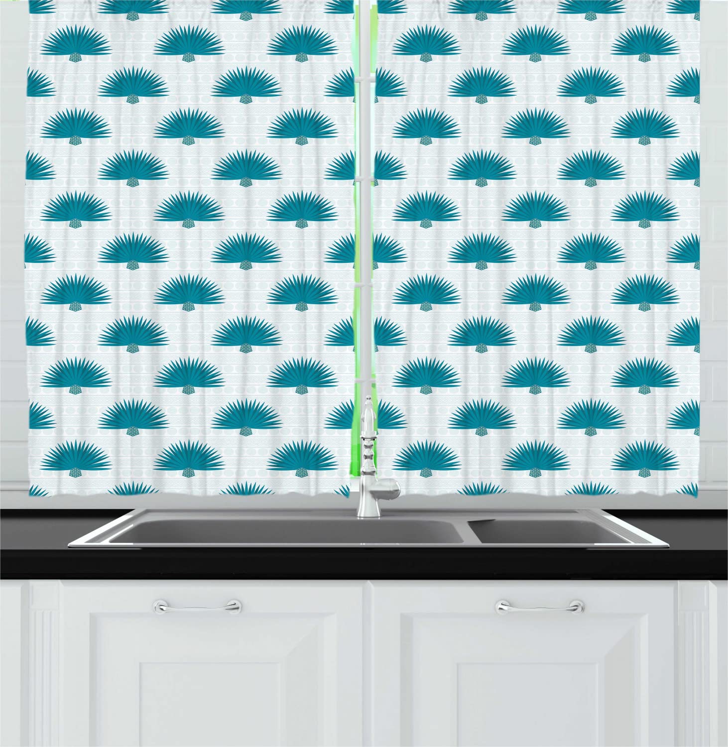 Ambesonne Tropical Long Kitchen Curtains - Exotic South American Plant & Geometric Design, 55