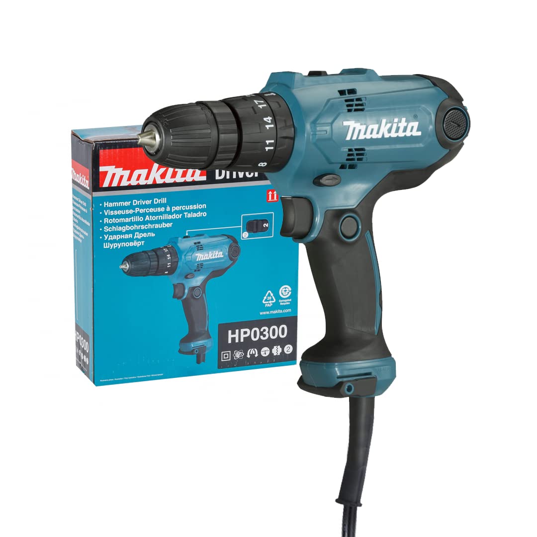 Makita HP0300 320W 10mm Corded Hammer Drill - Powerful Rotary Tool for Concrete, Masonry & Metal Drilling | Ideal for Construction, DIY Projects & Home Repairs