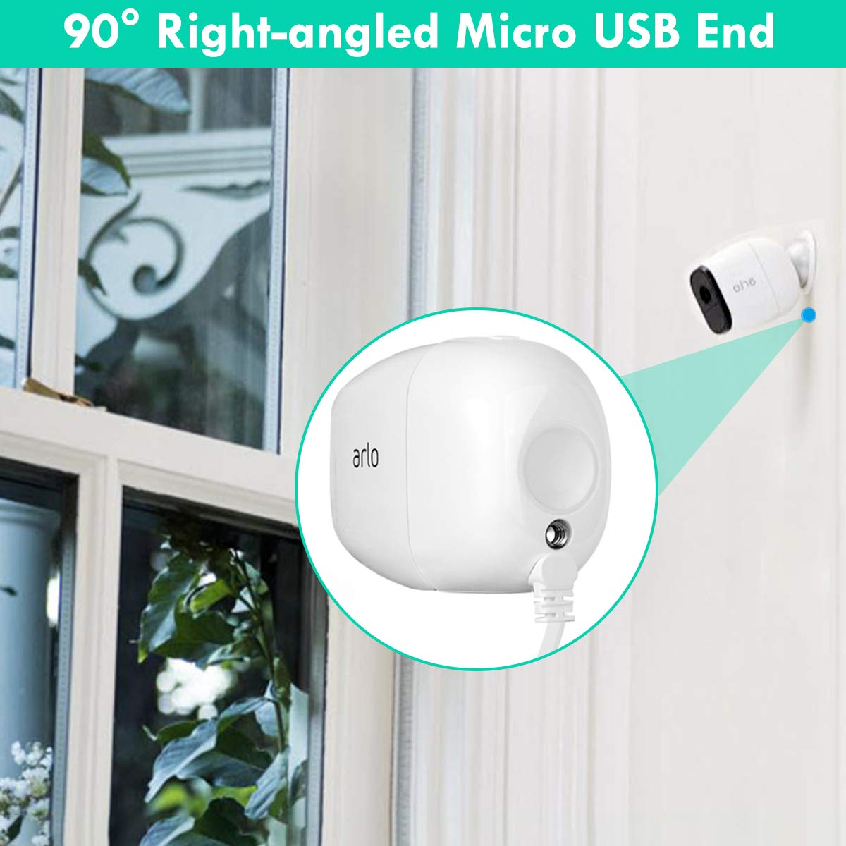 Itramax 10ft Right Angle Micro USB Cable with QC 3.0 Fast Charger - Compatible with Arlo Pro & Security Cameras - Outdoor & Indoor Use for Home Security Systems