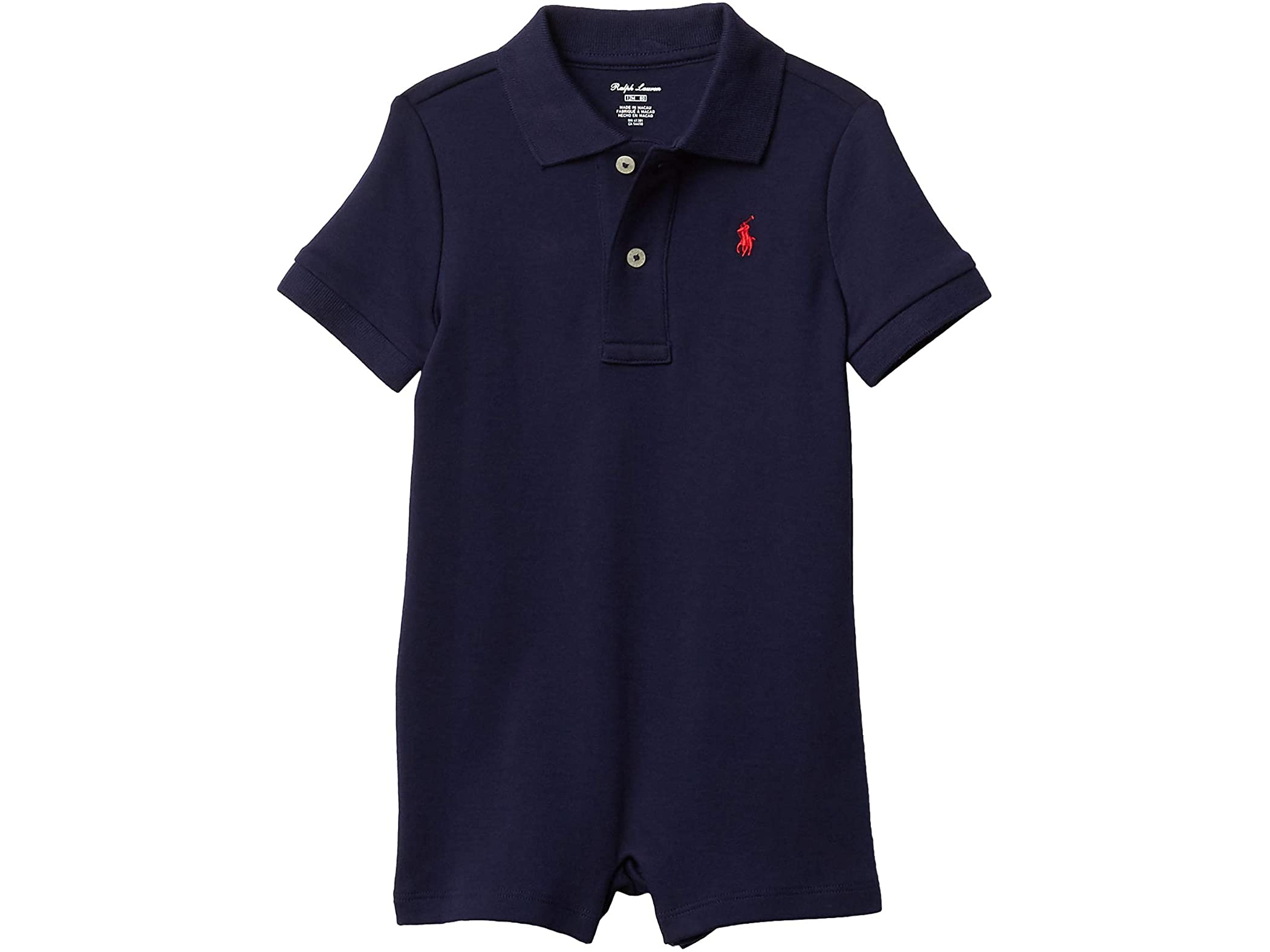 POLO RALPH LAUREN Baby Boys Cotton Interlock Polo Shortall Romper - French Navy & Red - 12 Months | Soft & Comfortable Outfit for Playdates, Family Photos & Special Occasions