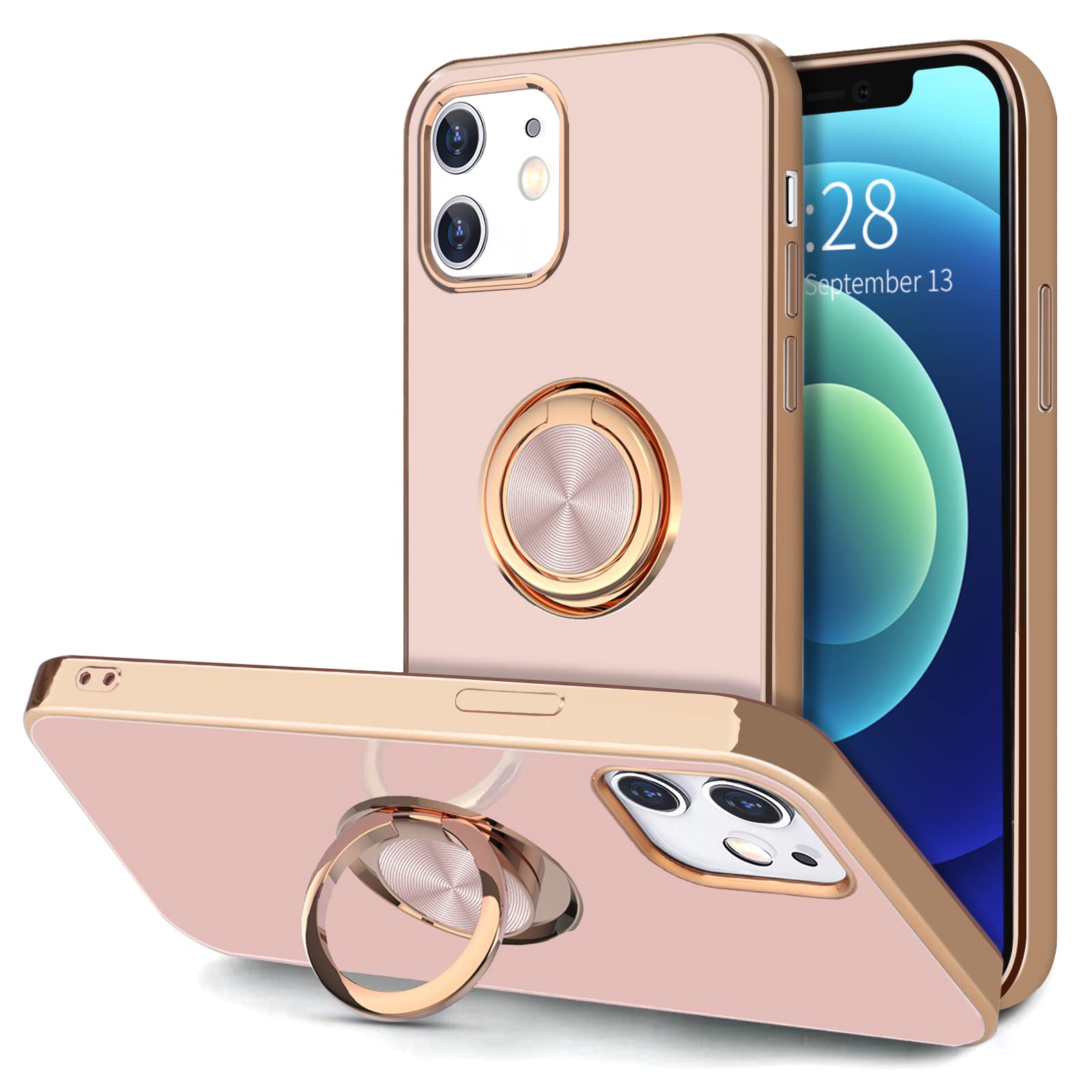 Hython iPhone 12/12 Pro Case with Magnetic Ring Stand - Rose Gold Shockproof Cover for Work & Travel