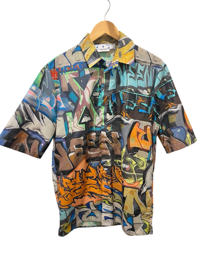 Off White x Neen Graffiti Print Short Sleeve Button Up Shirt for Men - Size L | Stylish Casual & Streetwear Fashion | Perfect for Summer Outfits, Parties & Urban Style