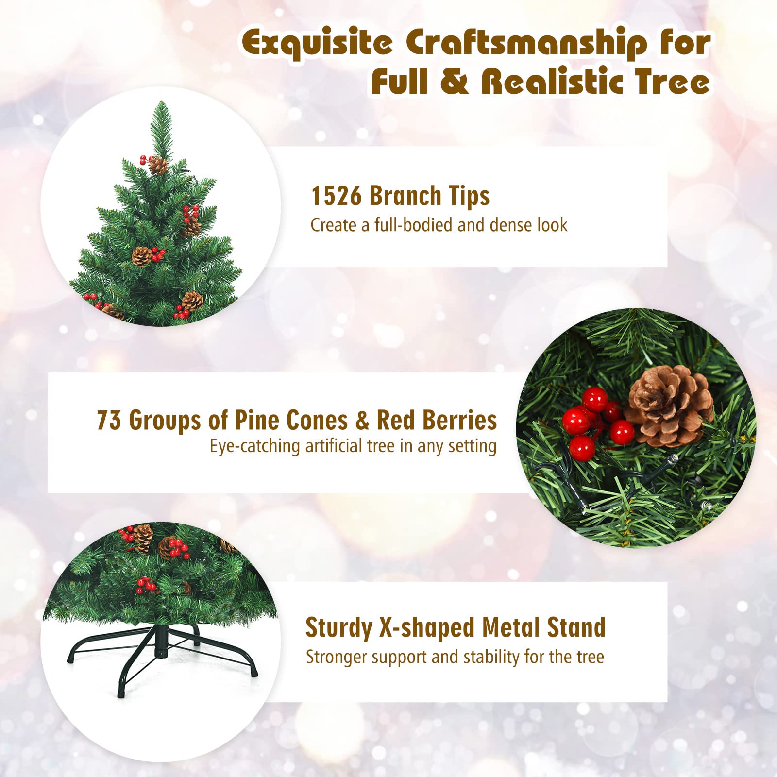 7.5ft Pre-Lit Artificial Christmas Tree with 1526 PVC Branches, 550 Warm White LED Lights (UL Certified), 73 Pine Cones & Red Berries - Foldable Metal Hinge Base - Perfect for Home Decor, Holiday Parties & Christmas Celebrations