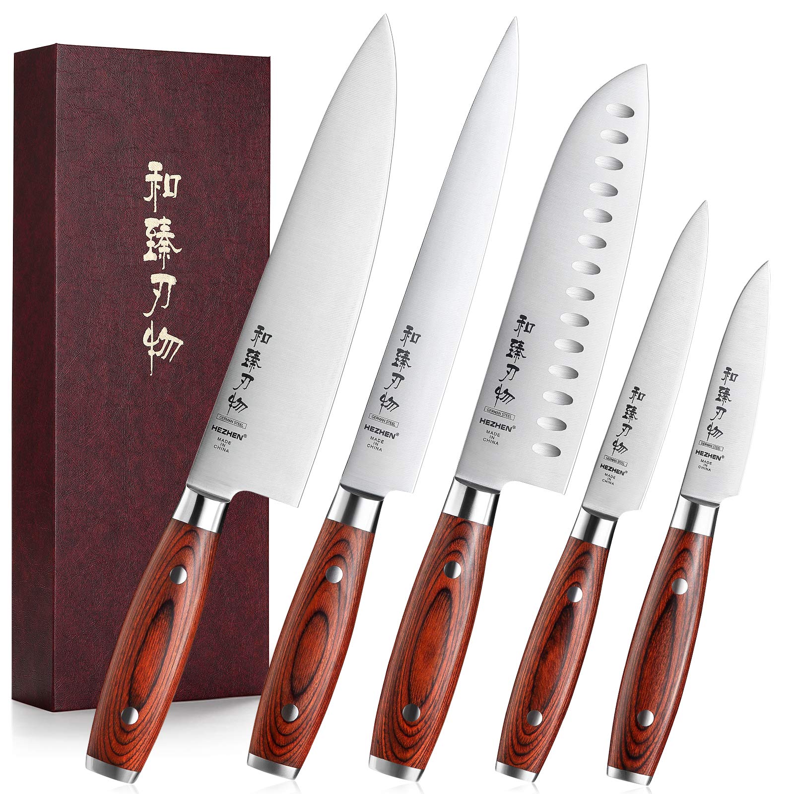 **HHEZHEN 5-Piece Kitchen Knives Set - Ultra Sharp German 1.4116 Stainless Steel, Professional Multipurpose Cooking Knives with Ergonomic Pakka Wood Handle - Perfect for Slicing, Dicing, and Chopping in Home & Professional Kitchens**