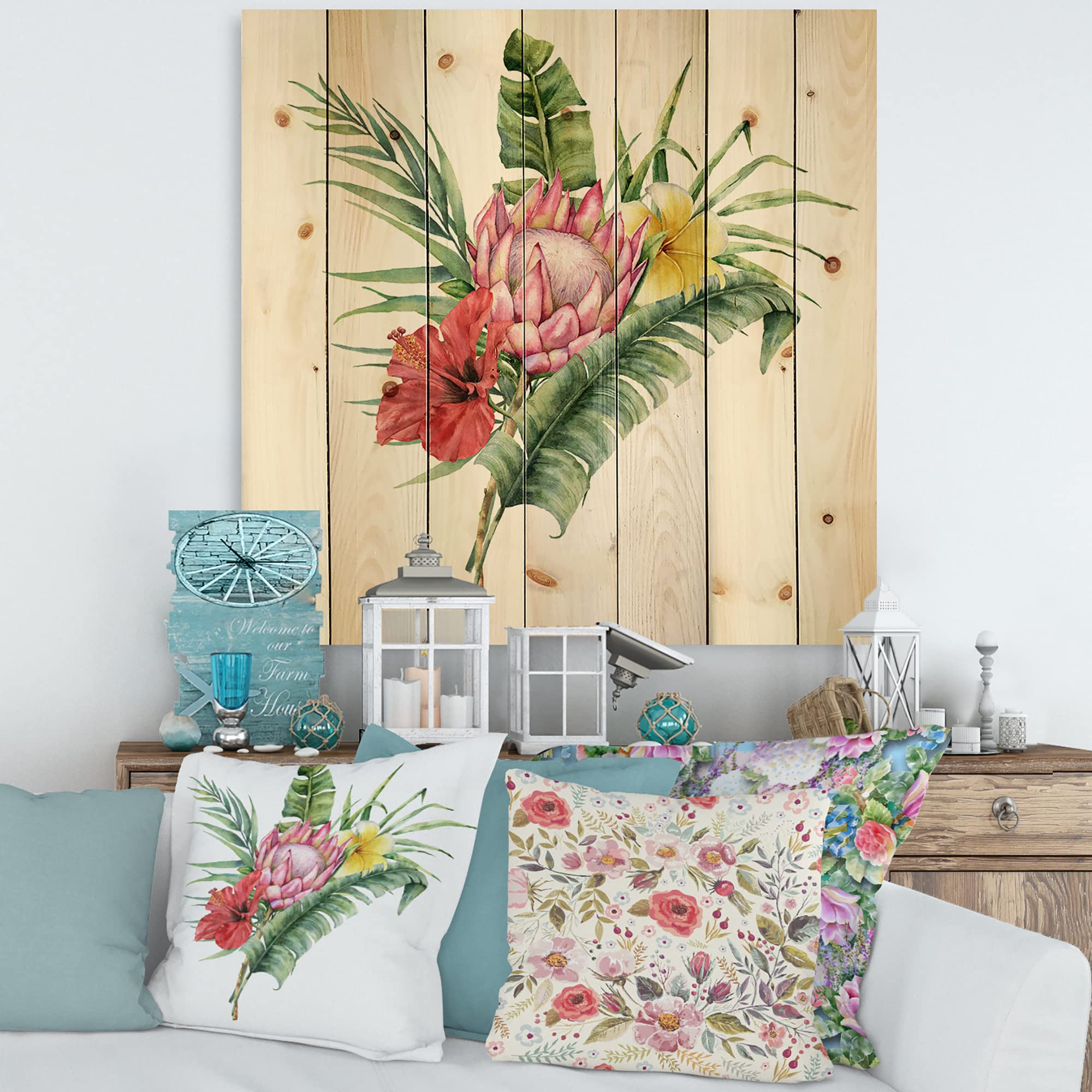 Handmade Protea Hibiscus Plumeria Floral Wood Wall Art - Large Traditional Red Wood Wall Decor with Printed Bouquet Design on Natural Pine - Perfect for Living Room, Bedroom, or Office Decoration