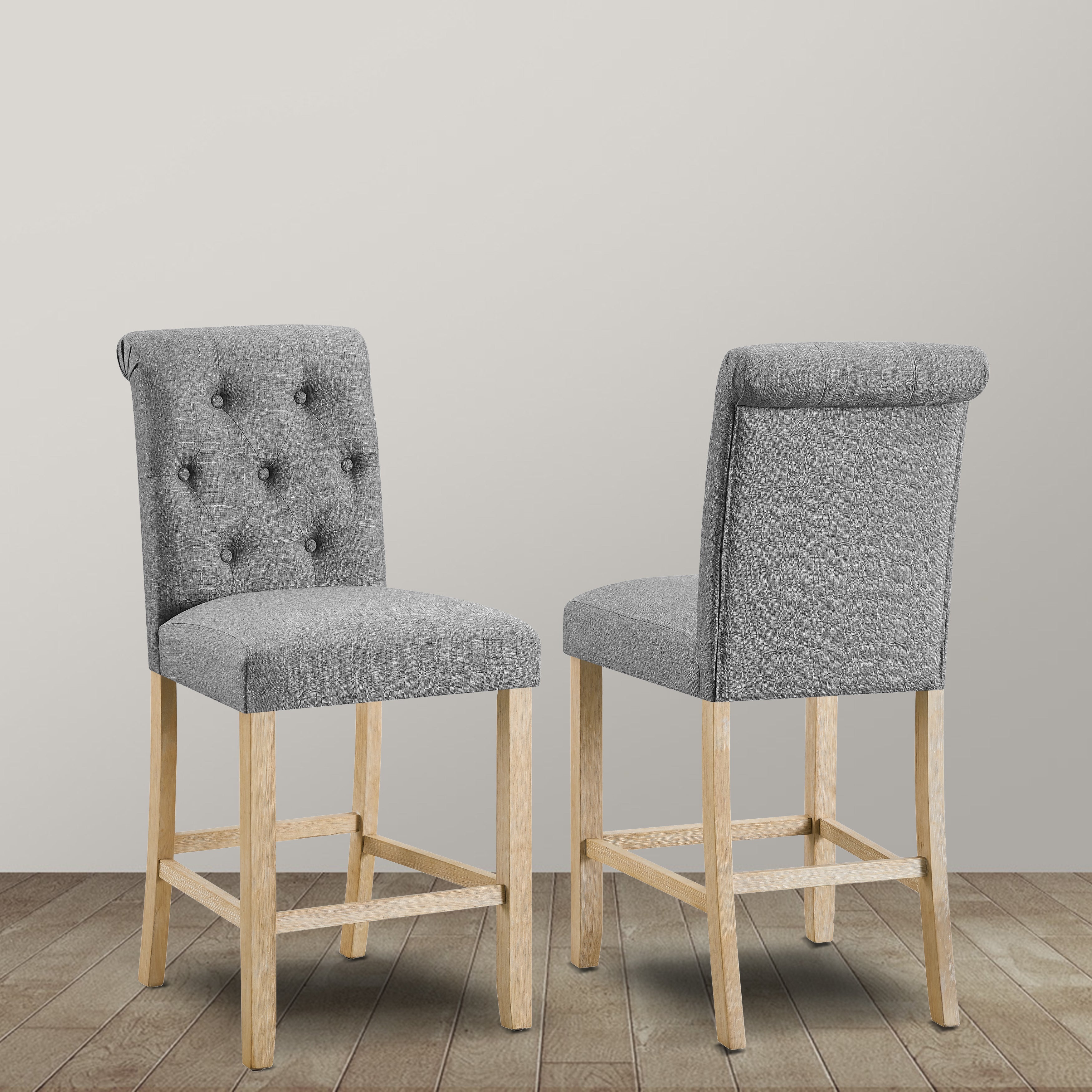 Roundhill Furniture Siena Counter Height Bar Stools - Set of 2, Gray, Solid Wood Construction with Button Tufted Back - Perfect for Kitchen Islands, Breakfast Bars & Home Decor