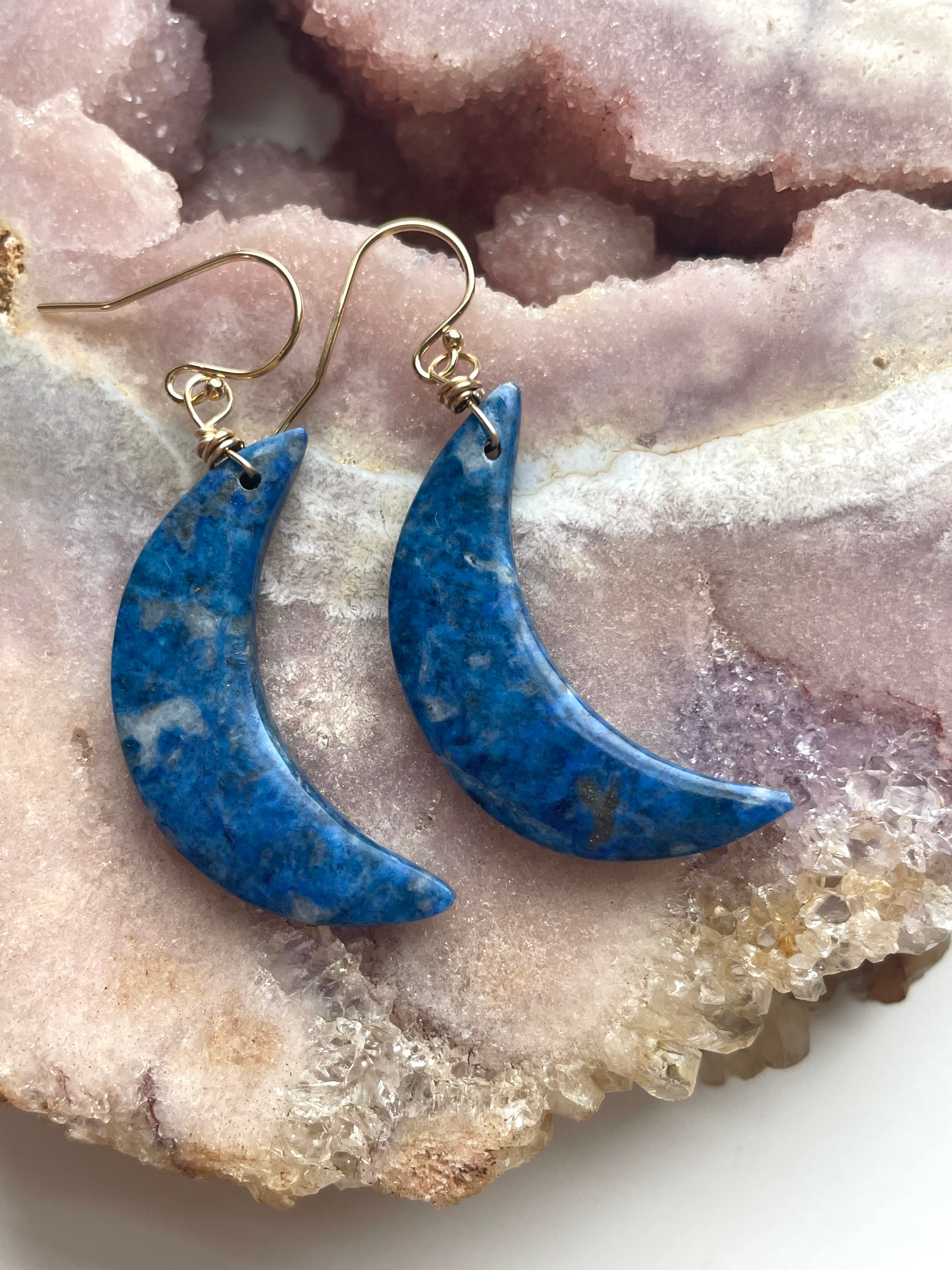 Lapis Lazuli Moon Earrings for Women - 14K Gold Filled Dangle Earrings - Boho Celestial Jewelry for Everyday Wear, Date Night & Special Occasions
