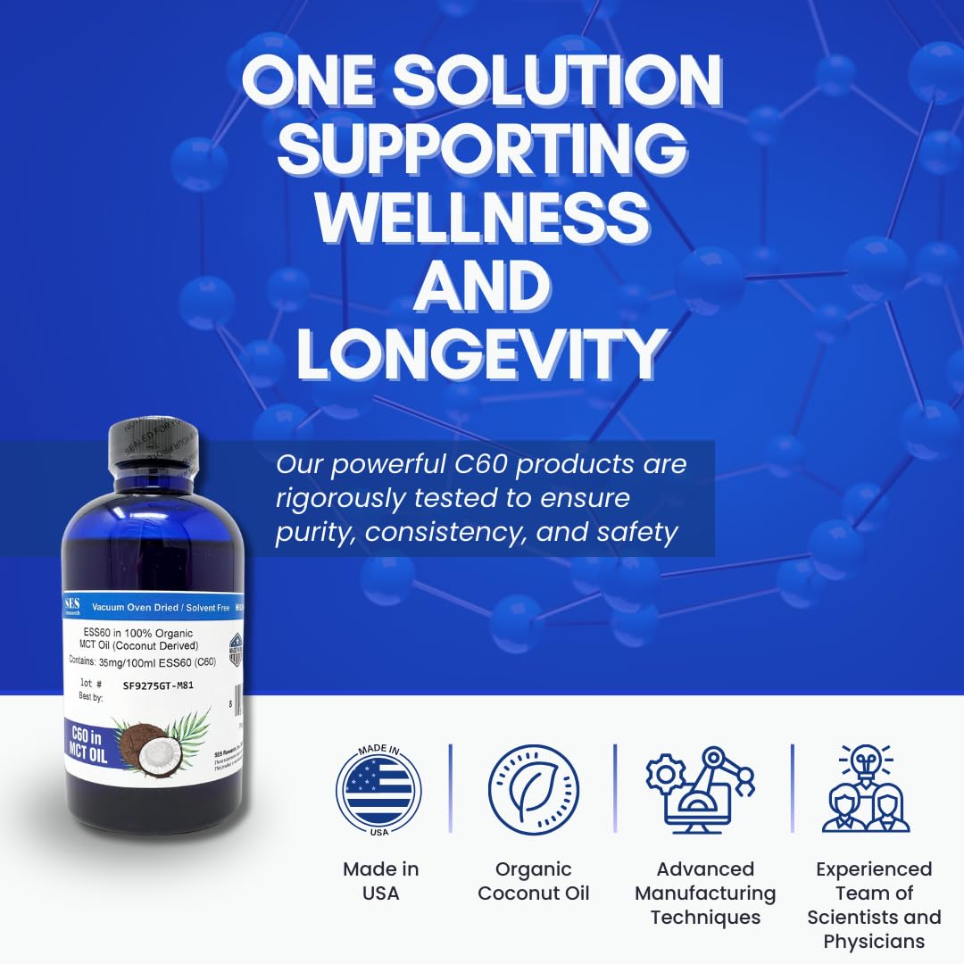 SES Research C60 Organic MCT Oil Coconut Derived - 99.99% Pure Carbon60 - Antioxidant Nootropic Supplement for Longevity, Sleep, Energy & Immunity - 4Oz Bottle - Perfect for Daily Wellness Routine and Cognitive Support