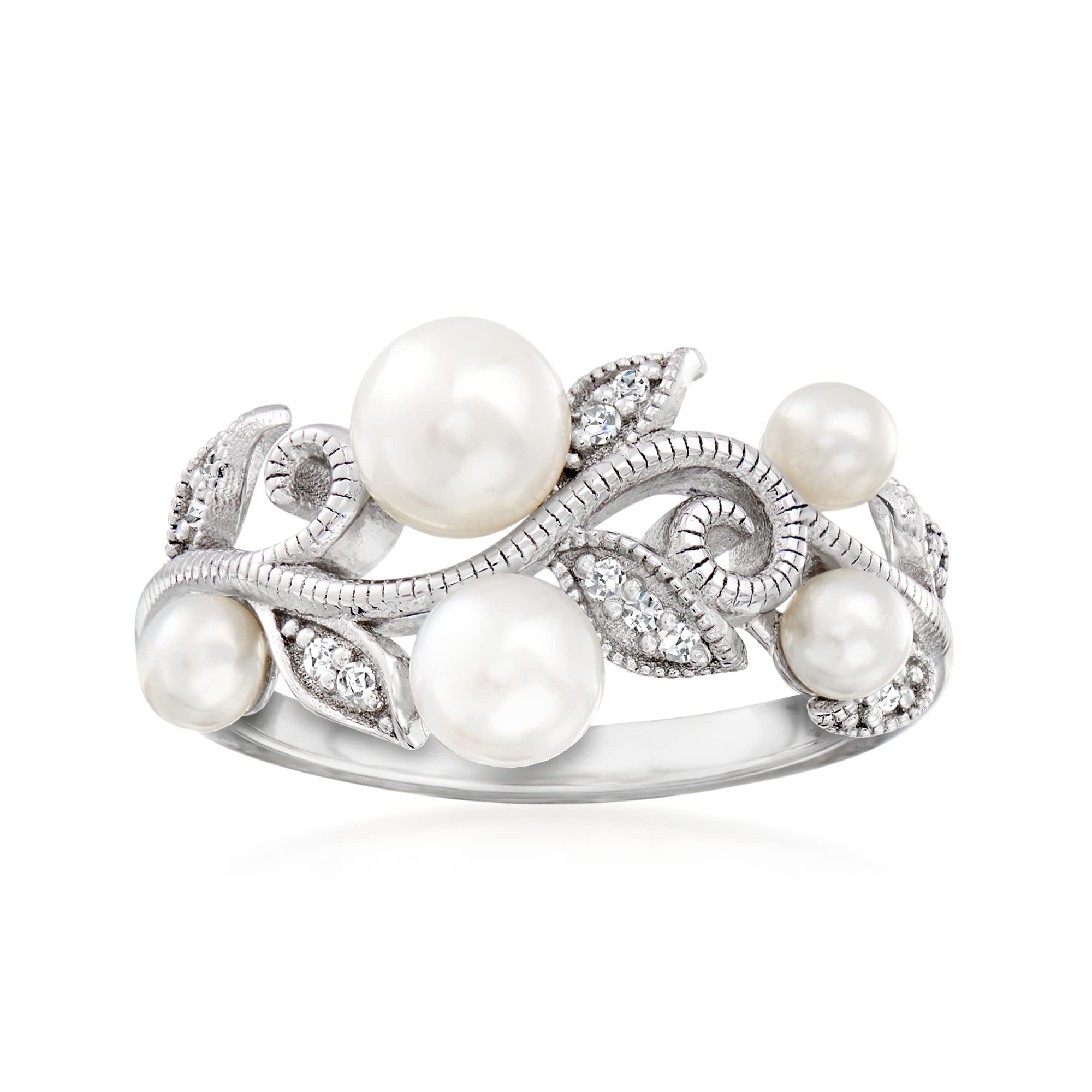 Ross-Simons Sterling Silver Cultured Pearl Leaf Ring with Diamond Accents (3-5.5mm) - Elegant Jewelry for Women, Perfect Gift for Anniversary, Birthday & Special Occasions