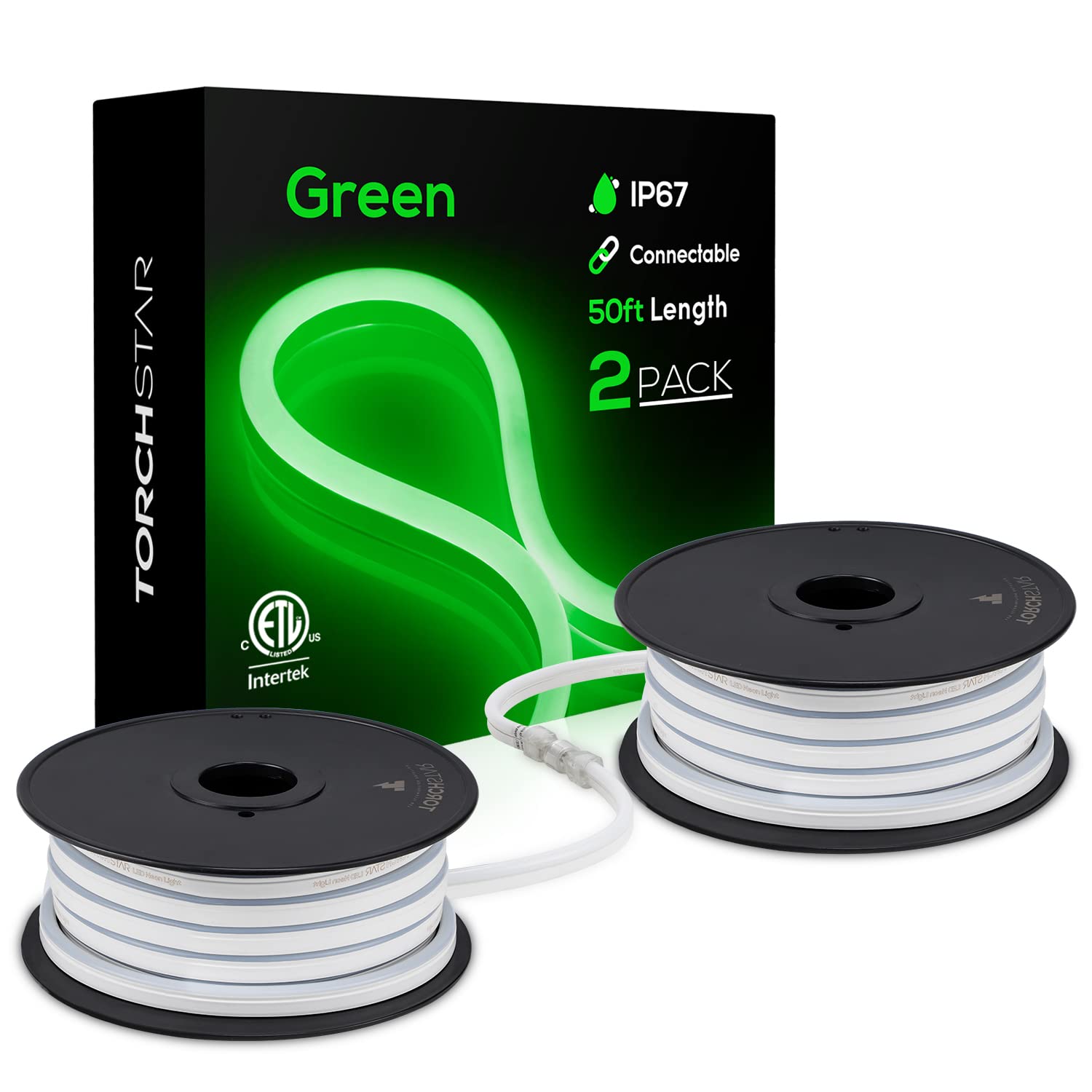 TORCHSTAR Premium 50ft LED Neon Rope Lights - Flexible Outdoor/Indoor Festival Decoration, IP67 Waterproof, 120V UL Plug, ETL Listed Connectable Neon Strip (Max 150FT, 3 Sets) - Green Light, Pack of 2 - Perfect for Parties, Weddings, Christmas & Home Decor