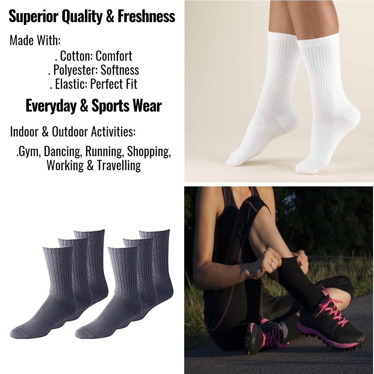 Unisex Classic Crew Athletic Sports Cotton Socks 15 Pack - Comfortable Breathable Workout Socks for Men & Women - Perfect for Running, Gym, Hiking & Everyday Wear