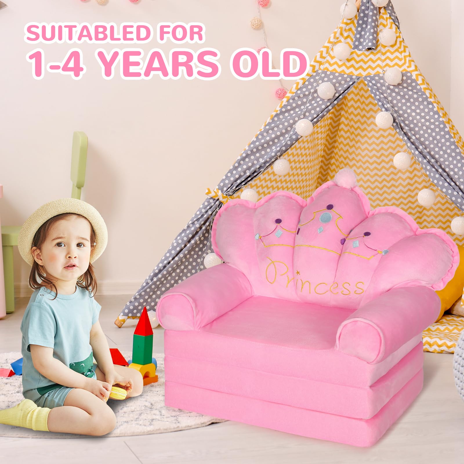**Foldable Kids Sofa Chair - Comfy Toddler Couch for Girls 1-4 Years | Soft Pink Princess Chair for Bedroom & Playroom | Portable Baby Couch for Reading, Napping & Playtime (Water Pink)**