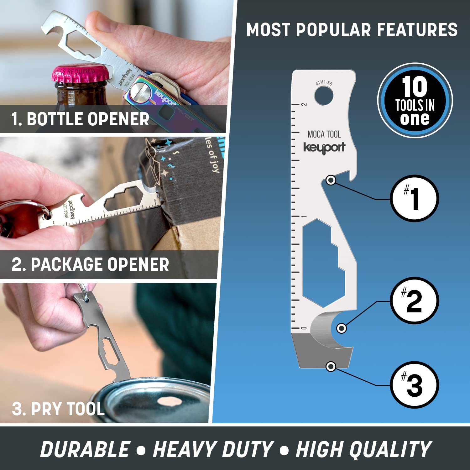 Keyport MOCA 10-in-1 Stainless Steel Keychain Multitool - EDC Gear with Pry Bar, Bottle Opener, Screwdriver, Box Cutter & Cord Cutter | TSA Approved Key Organizer | Perfect for Everyday Carry, Outdoor Adventures & Emergency Situations