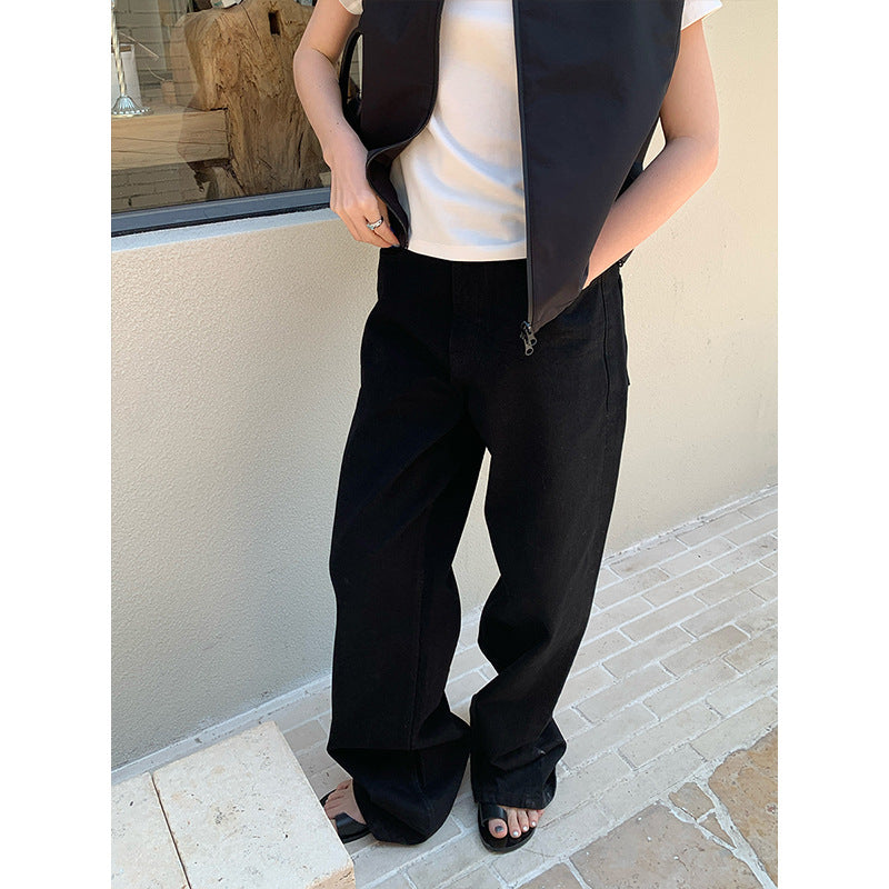 2025 Straight Black Jeans for Women - Korean Style High Waist Slim Fit Casual Pants | Guangzhou Six Meters NL026 | Perfect for Office, Dating & Everyday Wear