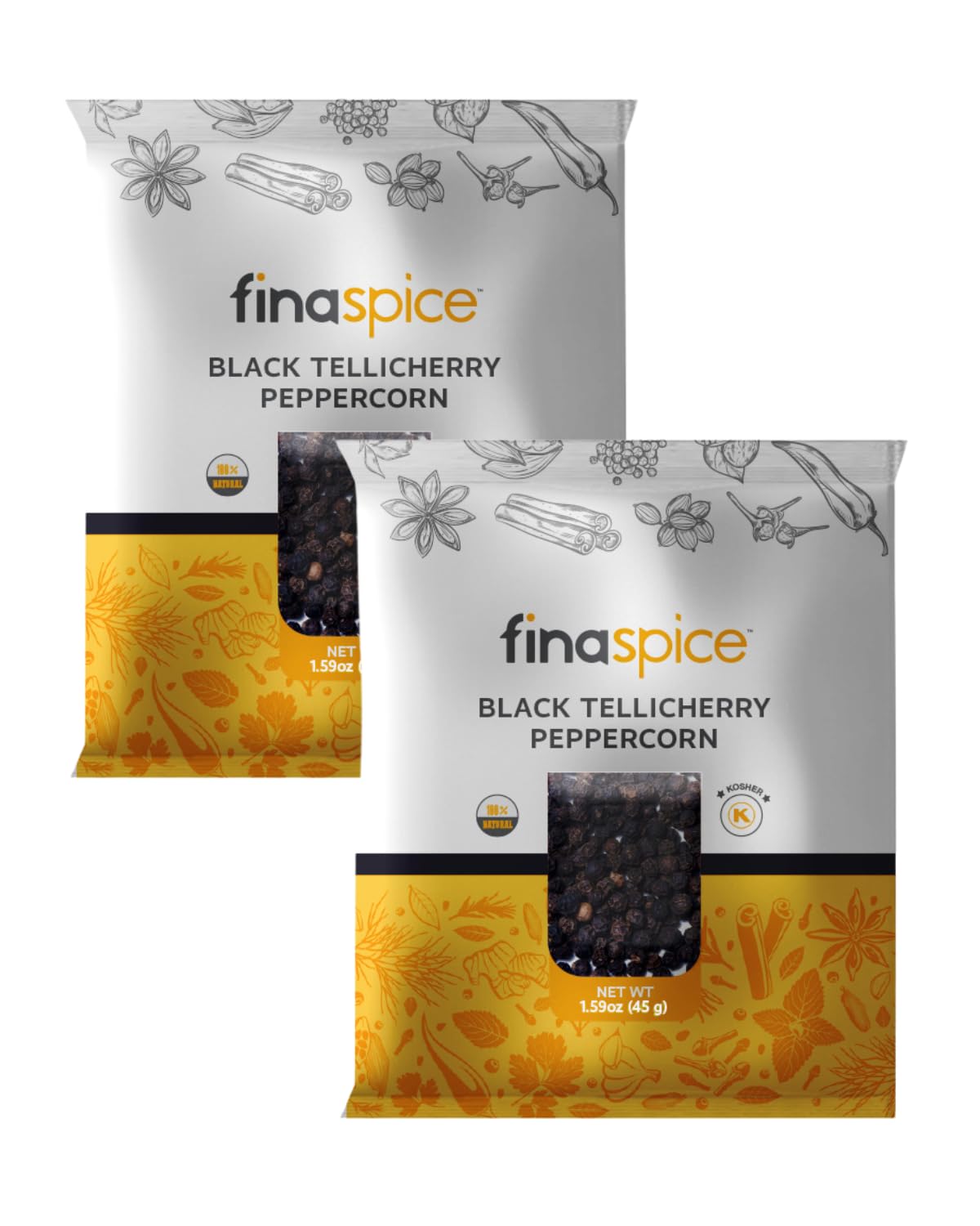 Premium Black Tellicherry Peppercorns - 100% Natural Kosher Grinder Refill for FinaSpice & PRO Plus Pod | Gourmet Cooking Spices for Steak, Pasta & Salad Seasoning