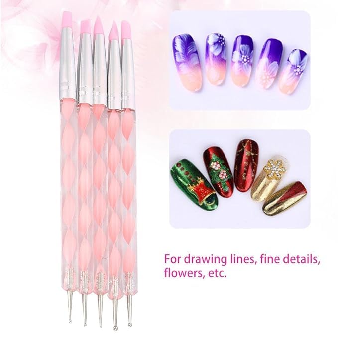 Urbanbox 5PC Dual-End Nail Art Pen Set - Silicone Head Dotting & Carving Tools for Polymer Clay & Nail Design (Pink) | Professional Manicure, DIY Nail Art, Sculpting & Crafting