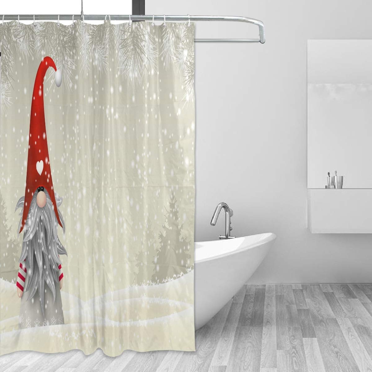 Scandinavian Christmas Gnome Tomte Shower Curtain - Waterproof Bathroom Decor with Hooks 60x72 inches - Perfect for Holiday Bathroom Decorations & Festive Home Styling
