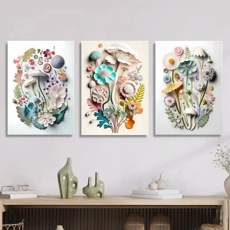 3-Piece Floral and Mushroom Decorative Metal Wall Art Prints - Ready to Hang - Modern Home & Office Decor for Living Room, Bedroom, Kitchen