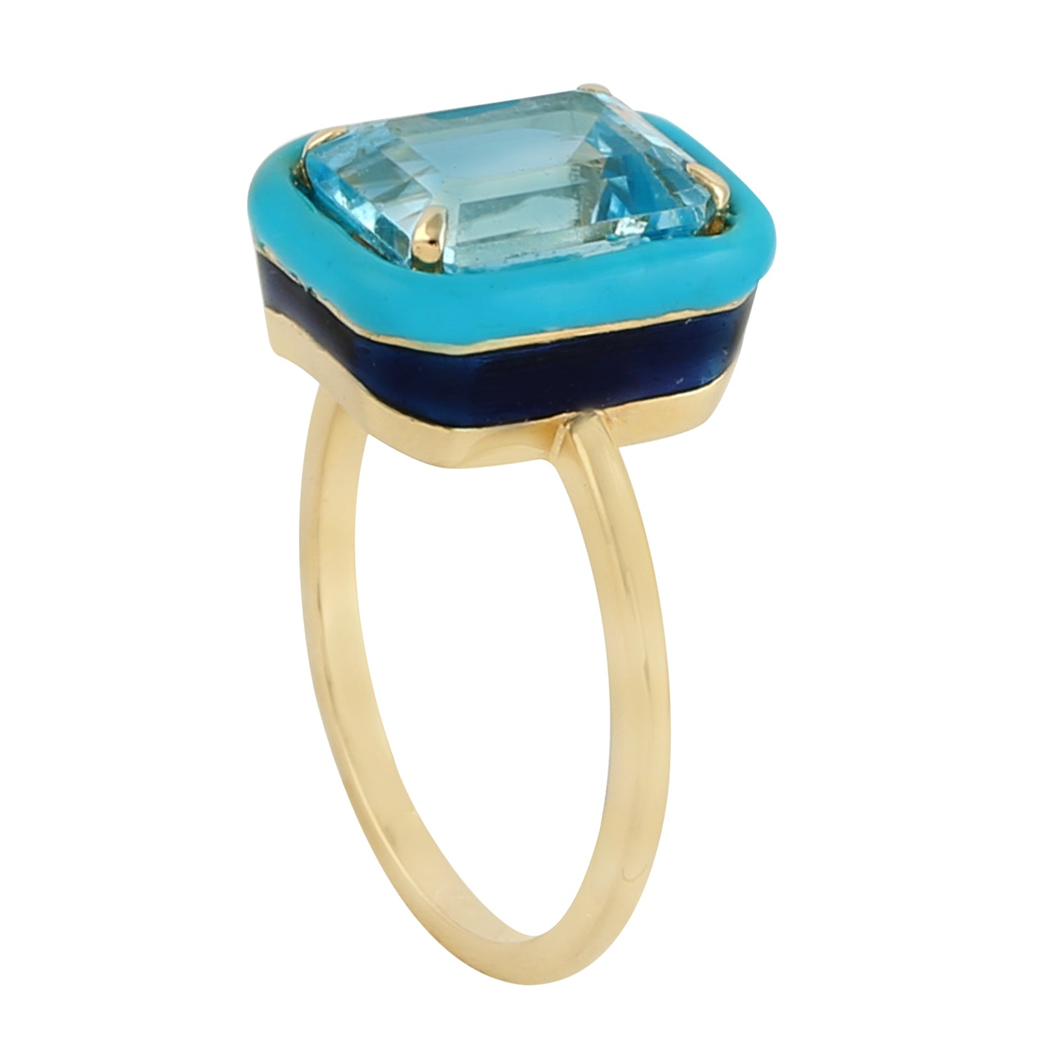 14K Yellow Gold Emerald Cut Blue Topaz Enamel Ring - Elegant Jewelry Gift for Women, Brides, Anniversary & Special Occasions